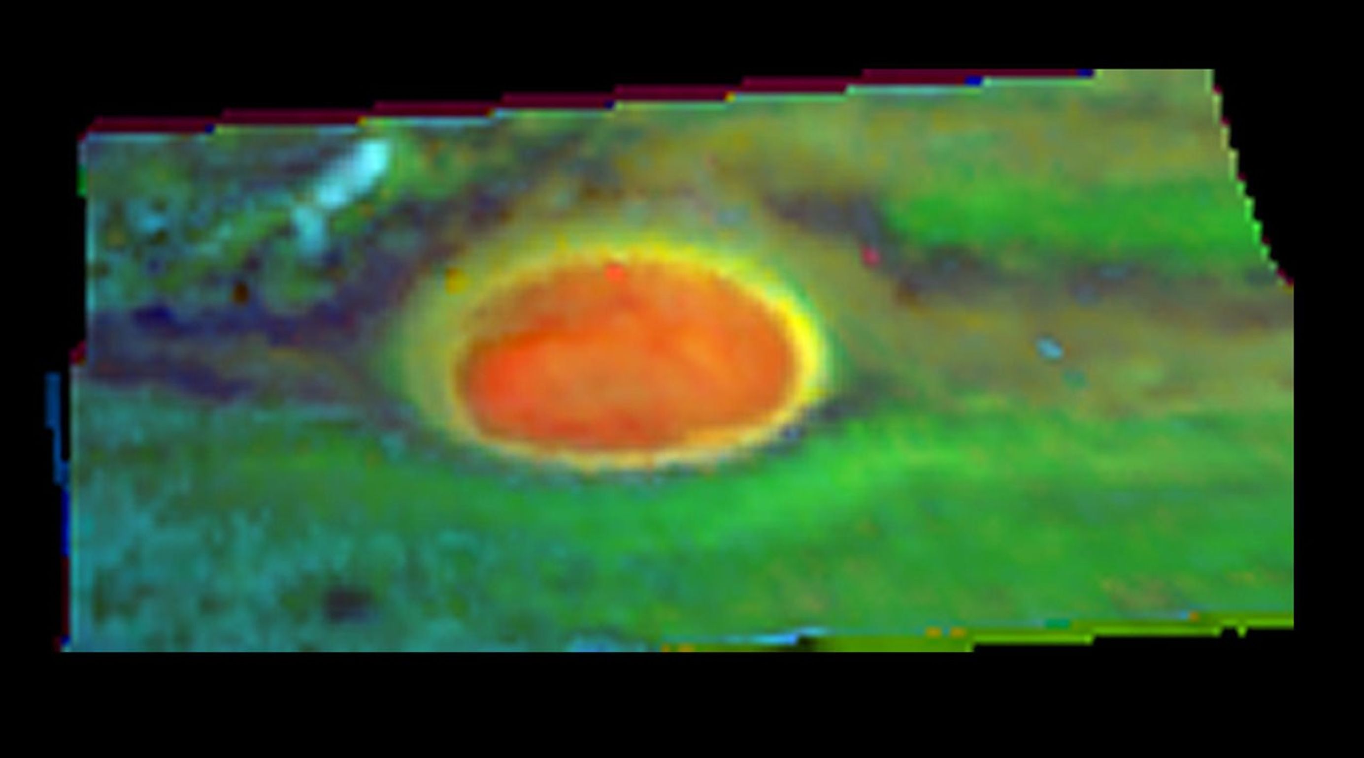 The first discrete ammonia ice cloud positively identified on Jupiter is shown in this image taken by NASA's Galileo spacecraft. Ammonia ice is shown in clouds to the northwest of the Great Red Spot.
