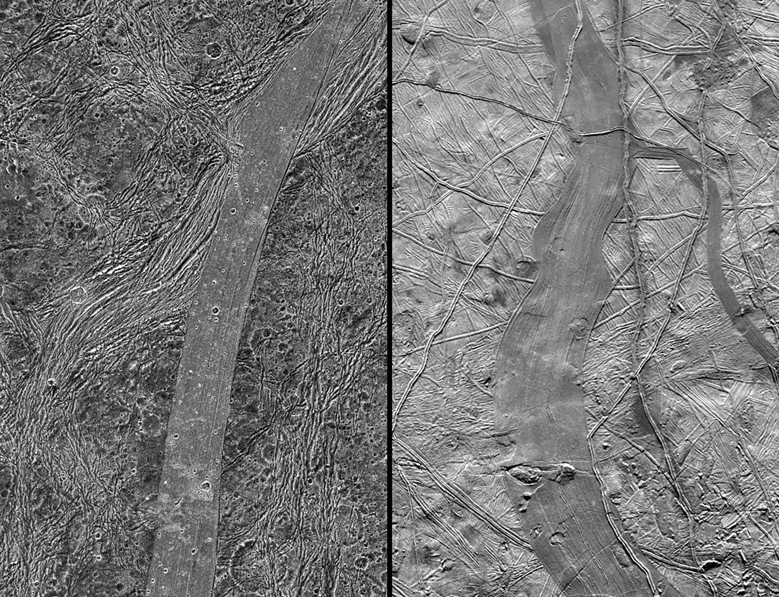 This image, taken by NASA's Galileo spacecraft, shows a same-scale comparison between Arbela Sulcus on Jupiter's moon Ganymede (left) and an unnamed band on another Jovian moon, Europa (right).