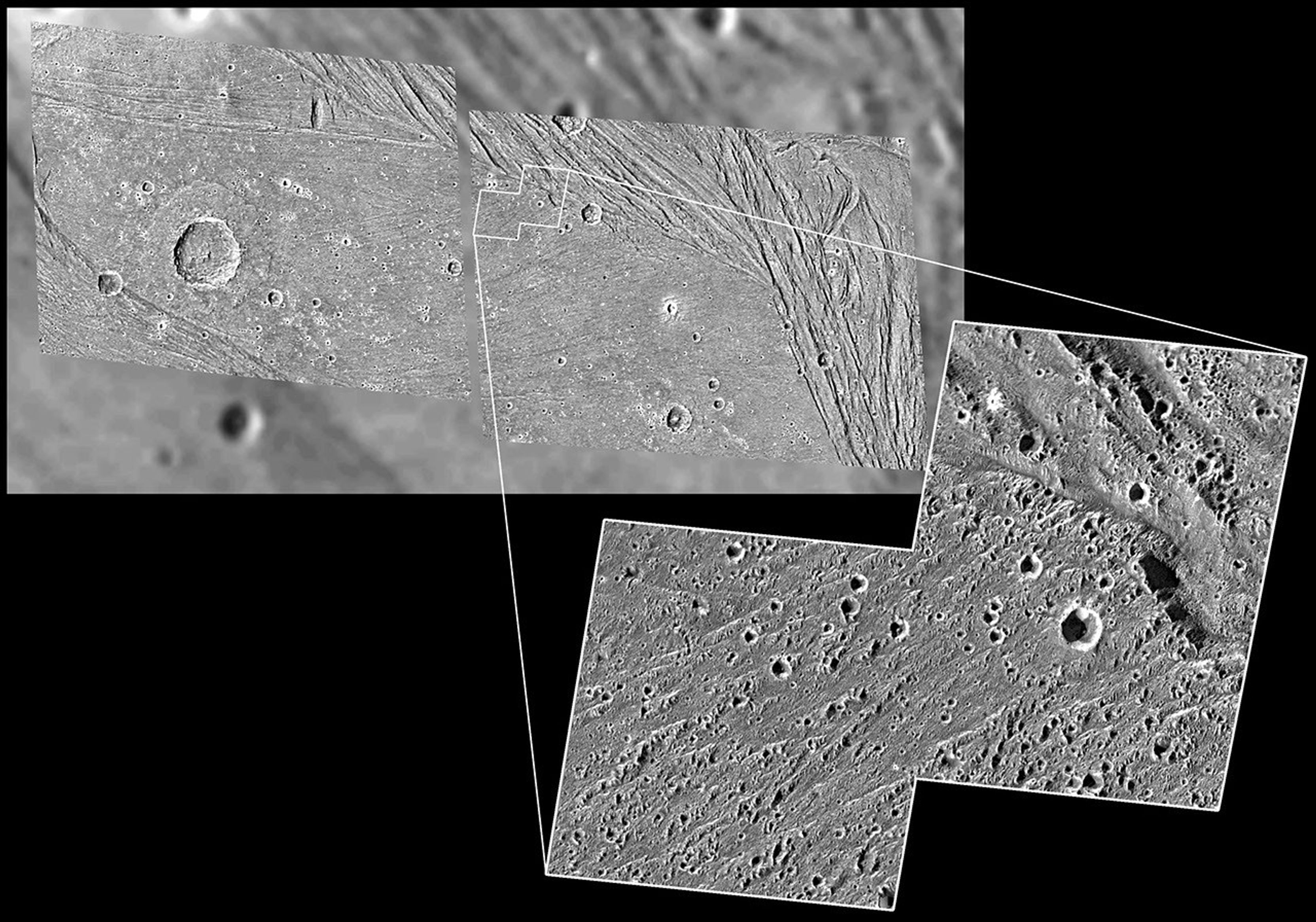 The highest-resolution images ever obtained of Jupiter's moon Ganymede show that even smooth-looking terrain has been deformed at a fine scale. The high-resolution image taken of the bright Harpagia Sulcus area by NASA's Galileo spacecraft during a flyby.