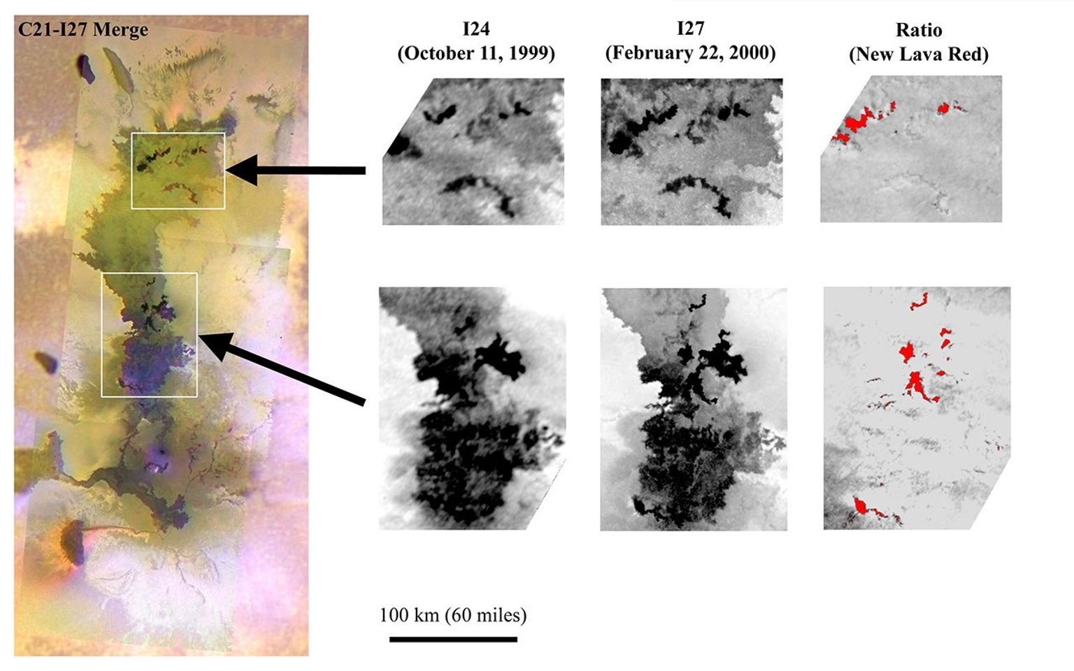 These images from NASA's Galileo spacecraft show changes in the largest active field lava flows in the solar system, the Amirani lava flow on Jupiter's moon Io. Scientists have identified 23 distinct new flows by comparing the two images.