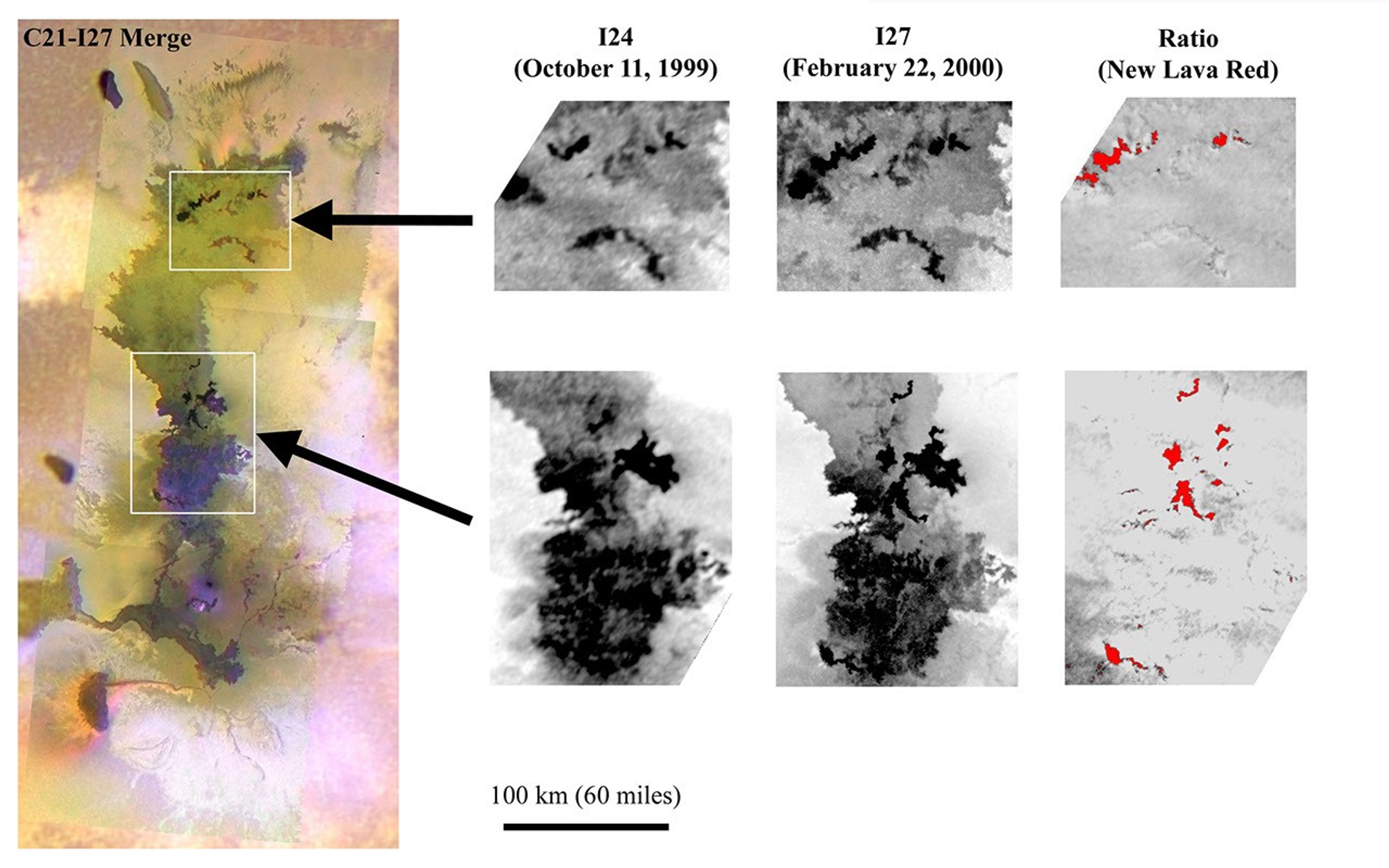 These images from NASA's Galileo spacecraft show changes in the largest active field lava flows in the solar system, the Amirani lava flow on Jupiter's moon Io. Scientists have identified 23 distinct new flows by comparing the two images.