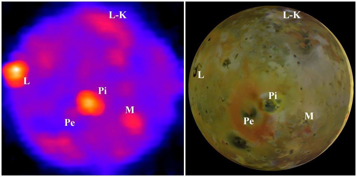 Powerful volcanoes and the previous day's sunshine warm the nighttime surface of Jupiter's moon Io, as seen in this image from NASA's Galileo spacecraft. The left-hand frame shows the best view that Galileo has yet provided of Io's nighttime temperatures.