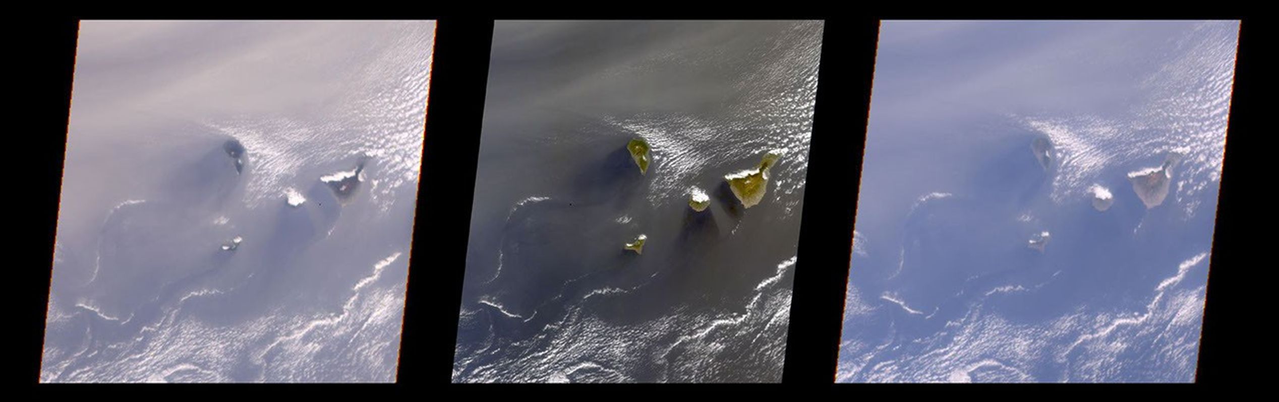 A multi-angle view of the Canary Islands in a dust storm, 29 February 2000. At left is a true-color image taken by the Multi-angle Imaging SpectroRadiometer (MISR) instrument on NASA's Terra satellite.