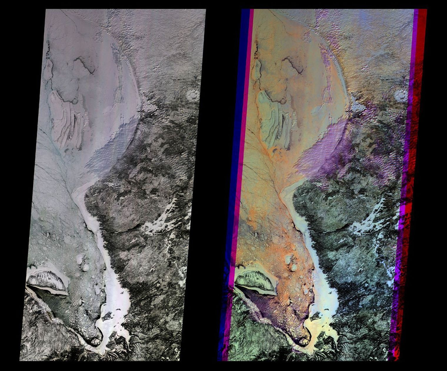 These multi-angle images of Hudson Bay and James Bay, Canada, taken 24 February 2000 from NASA's Terra spacecraft, come from the downward-looking (nadir) camera on the MISR instrument onboard NASA's Terra satellite.