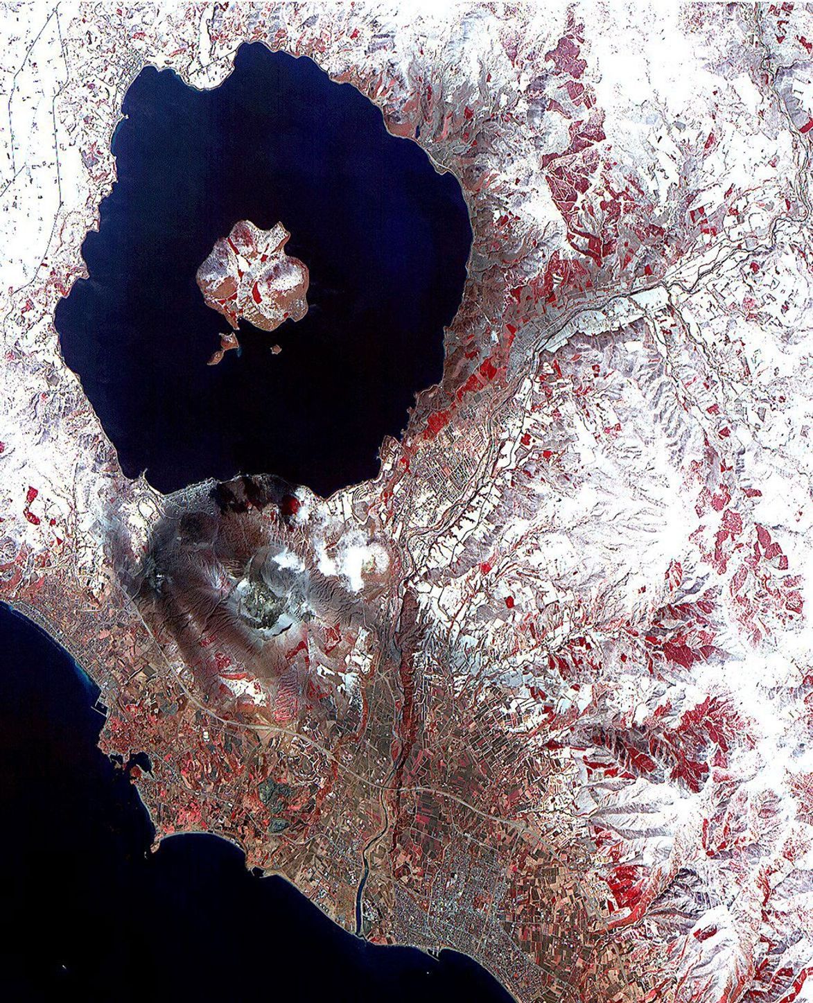 On April 3, 2000, the Advanced Spaceborne Thermal Emission and Reflection Radiometer (ASTER) on NASA's Terra Satellite captured this image of the erupting Mt. Usu volcano in Hokkaido, Japan.