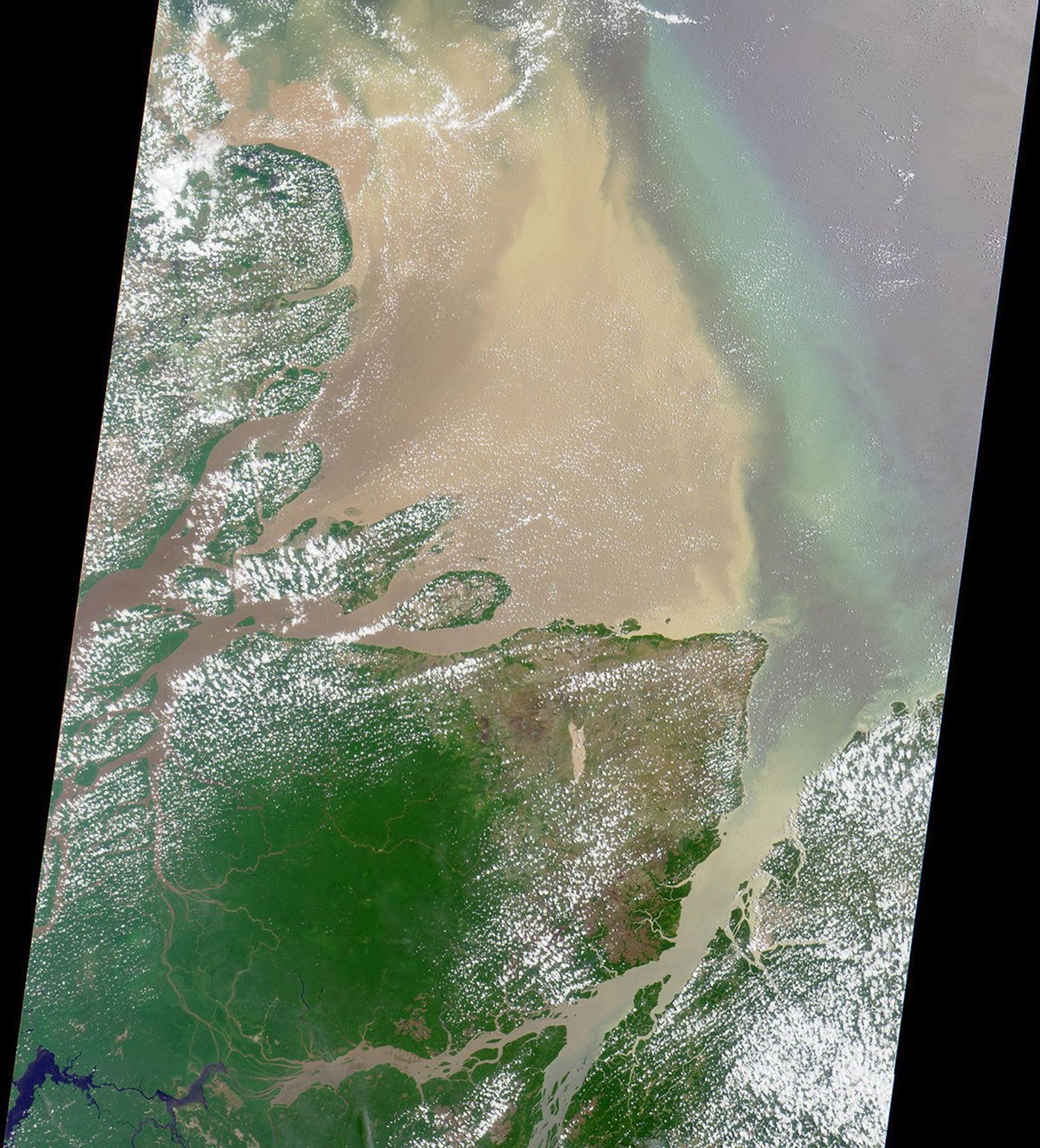 Flowing over 6450 kilometers eastward across Brazil, the Amazon River originates in the Peruvian Andes as tiny mountain streams that eventually combine to form one of the world's mightiest rivers as shown in this image from NASA's Terra satellite.