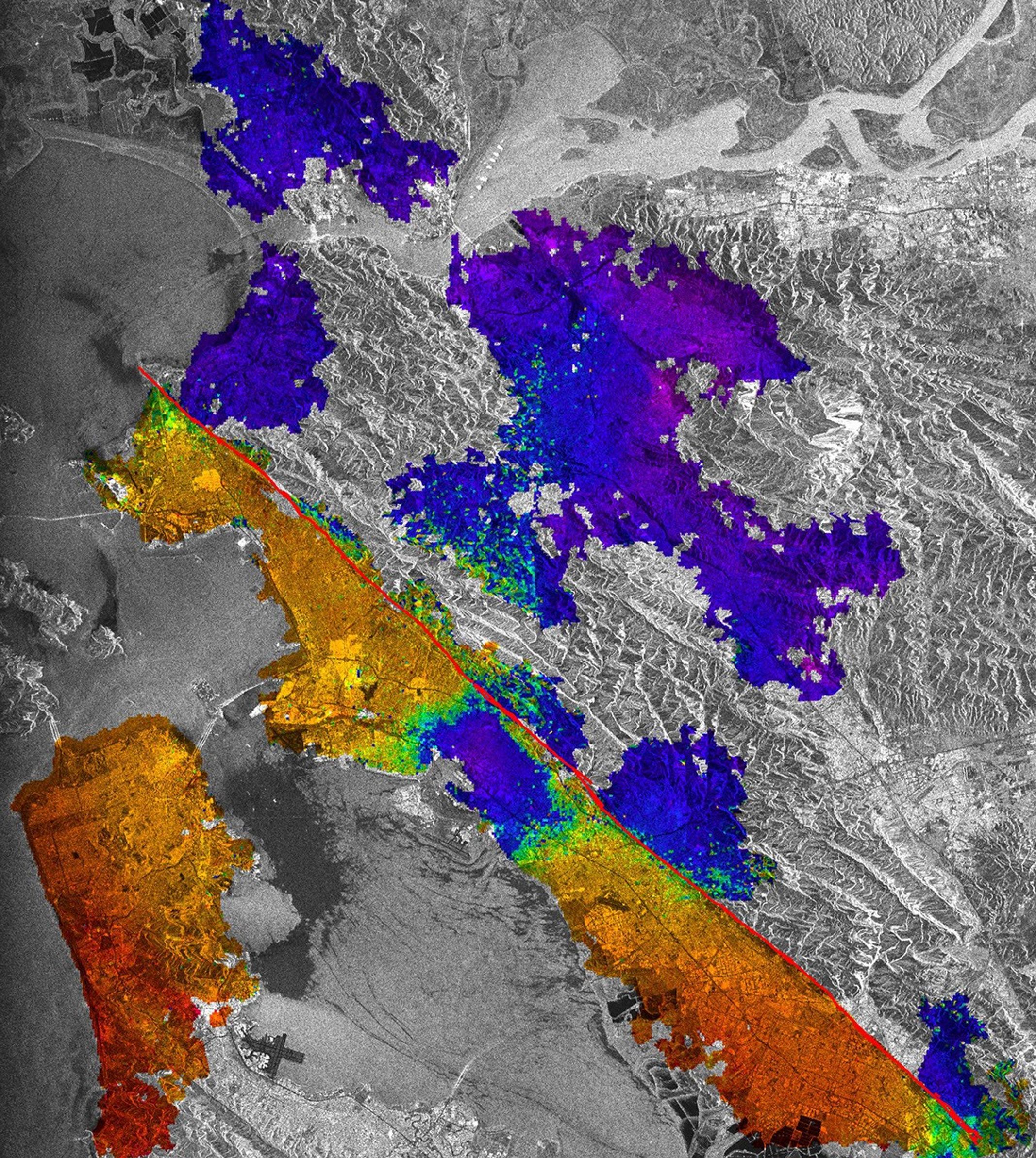 This image of California's Hayward fault is an interferogram created using a pair of images taken by ESA's ERS-1 and ERS-2 in June 1992 and September 1997 over the central San Francisco Bay in California.