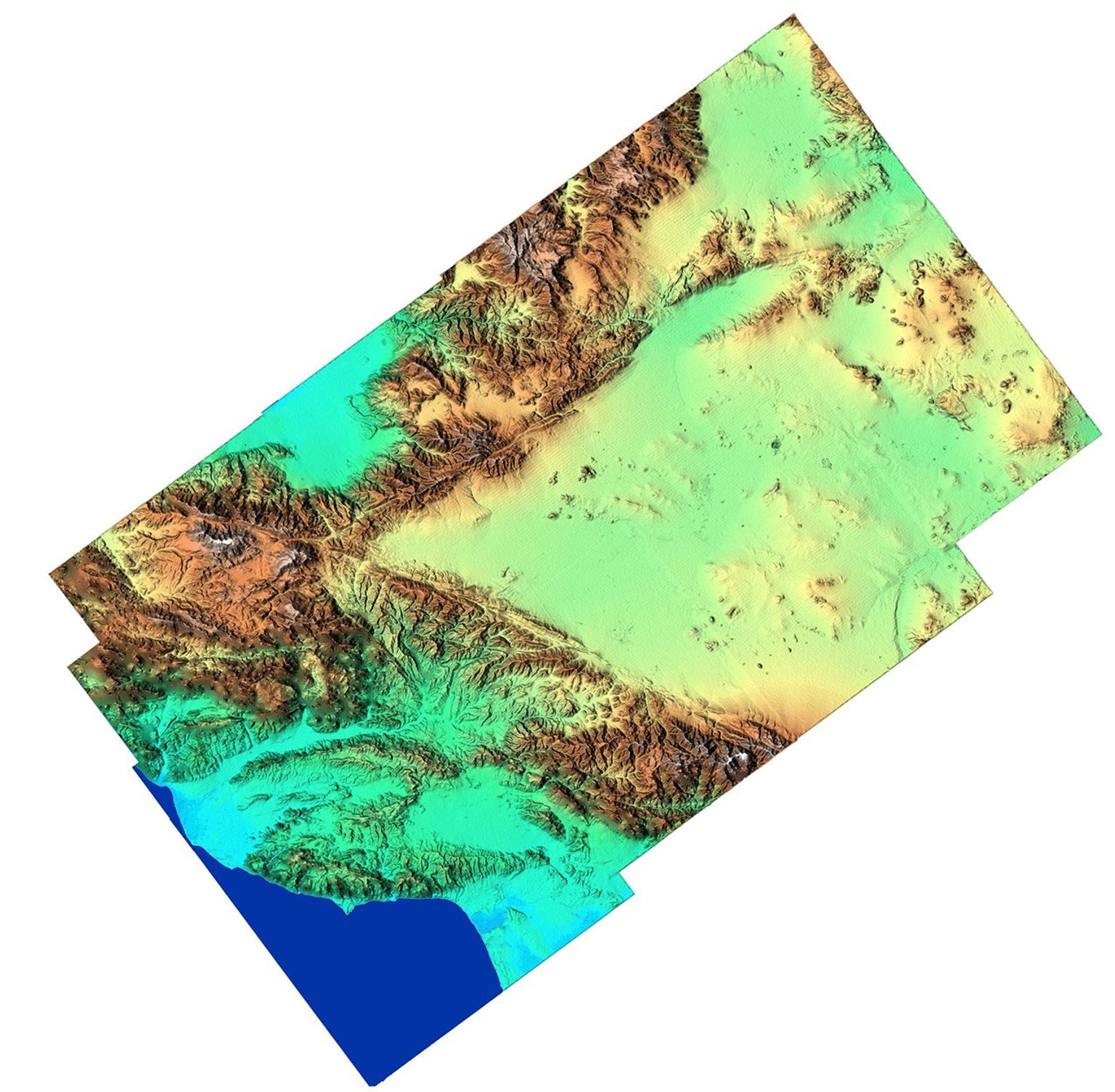 'From the desert to the mountains to the sea,' this image acquired by NASA's Shuttle Radar Topography Mission in Feb. 2000, shows in striking detail the varied topography of Southern California.
