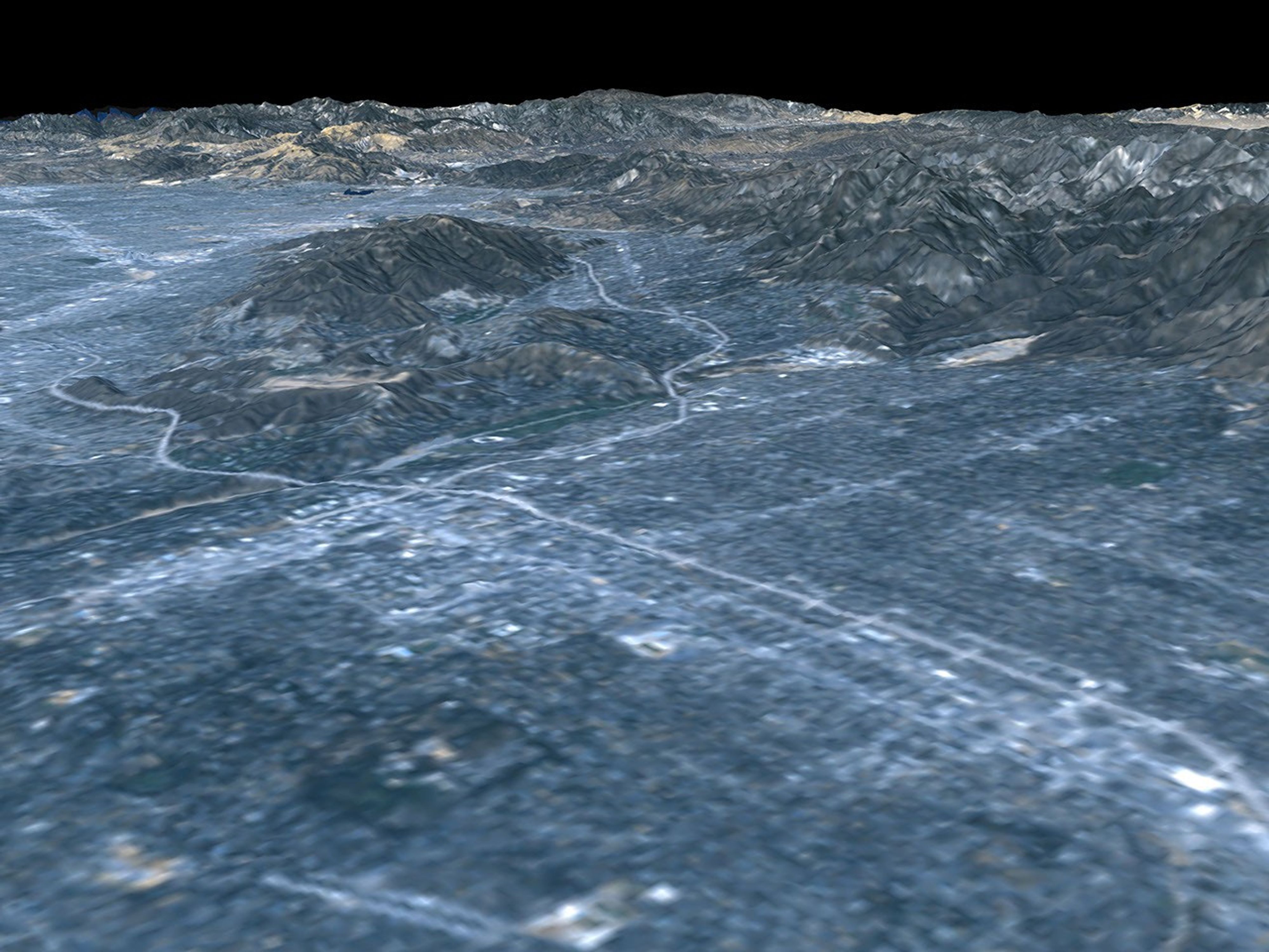 This image from NASA's Shuttle Radar Topography Mission shows of the area around Pasadena, California, just north of Los Angeles. The cluster of hills surrounded by freeways is the Verdugo Hills, which lie between the San Gabriel and San Fernando Valley.