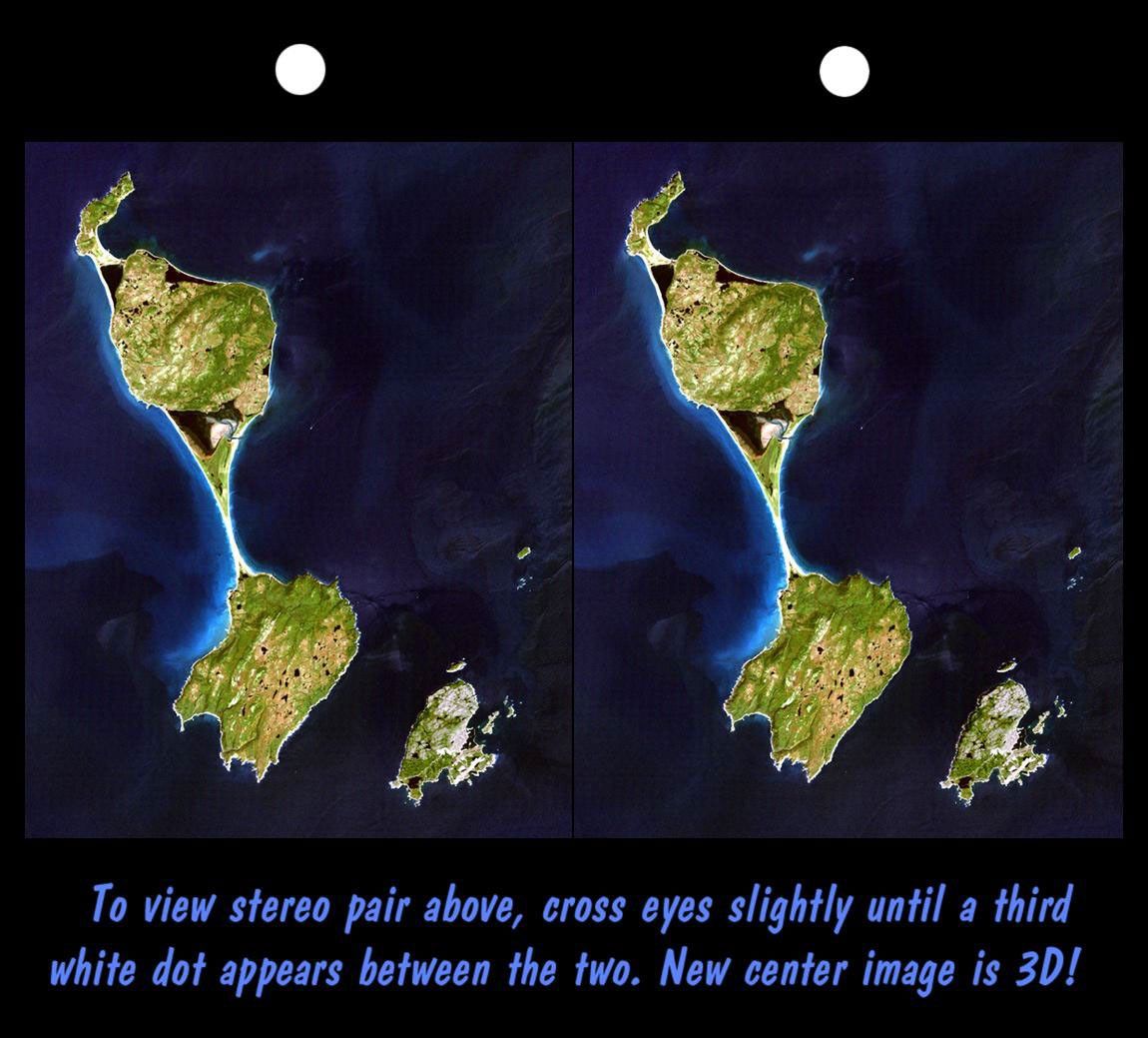 This stereoscopic satellite image showing Miquelon and Saint Pierre Islands, located south of Newfoundland, Canada, was generated by draping NASA's Landsat satellite image over a preliminary Shuttle Radar Topography Mission elevation model.