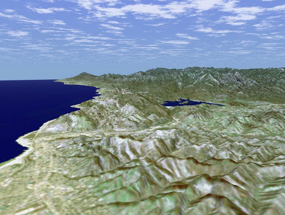 This image is of Ventura, California, one of this state's oldest cities, and Lake Casitas, California. NASA's Shuttle Radar Topography Mission acquired this data on February 16, 2000.