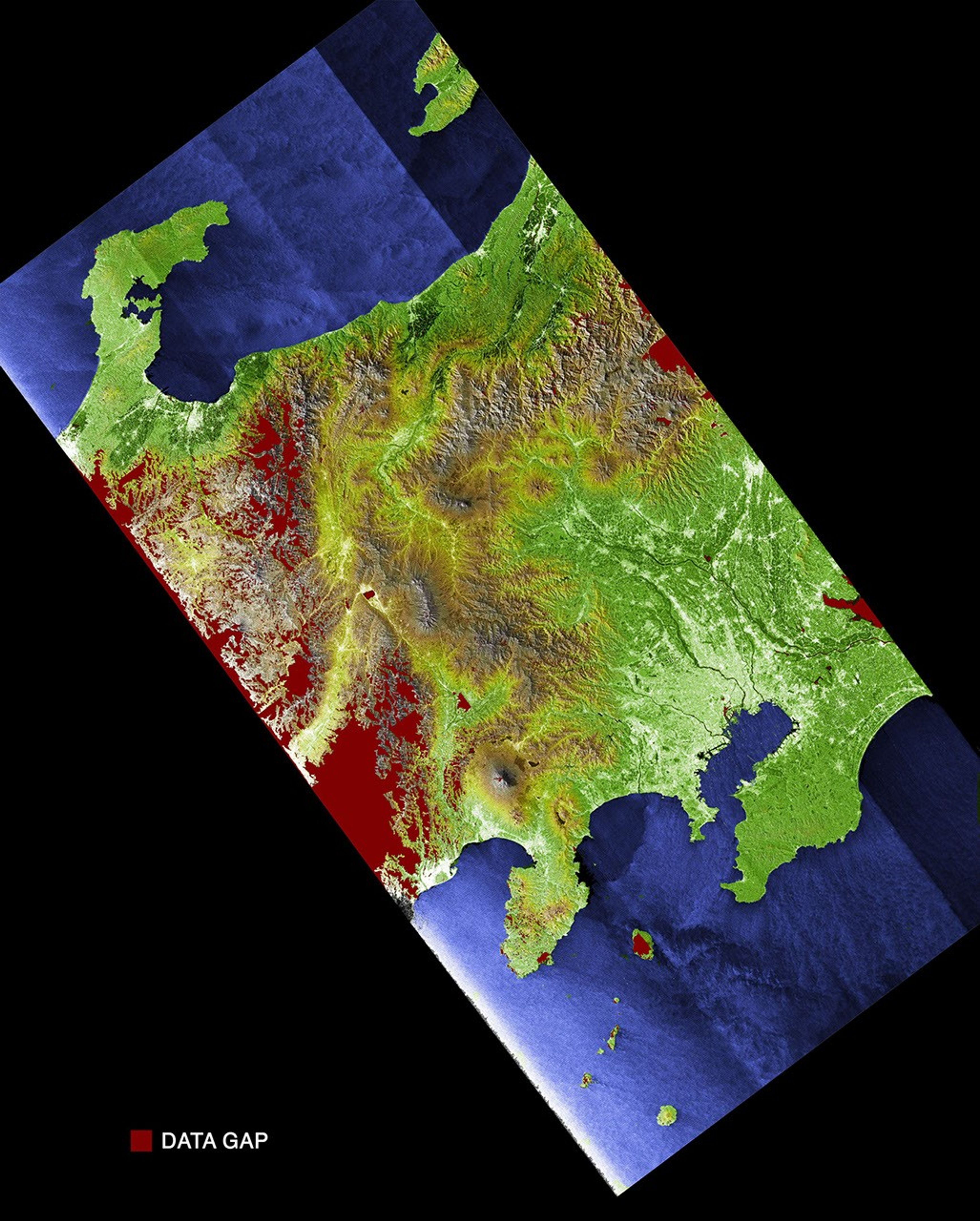 Much of Honshu, Japan's largest island, is seen in this image generated from NASA's Shuttle Radar Topography Mission data on February 19, 2000.