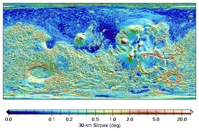 A global surface map from NASA's Mars Global Surveyor shows Mars' northern hemisphere is flatter than the douth, and shows some linear slope breaks, for example north of Alba Patera and the Tharsis province.