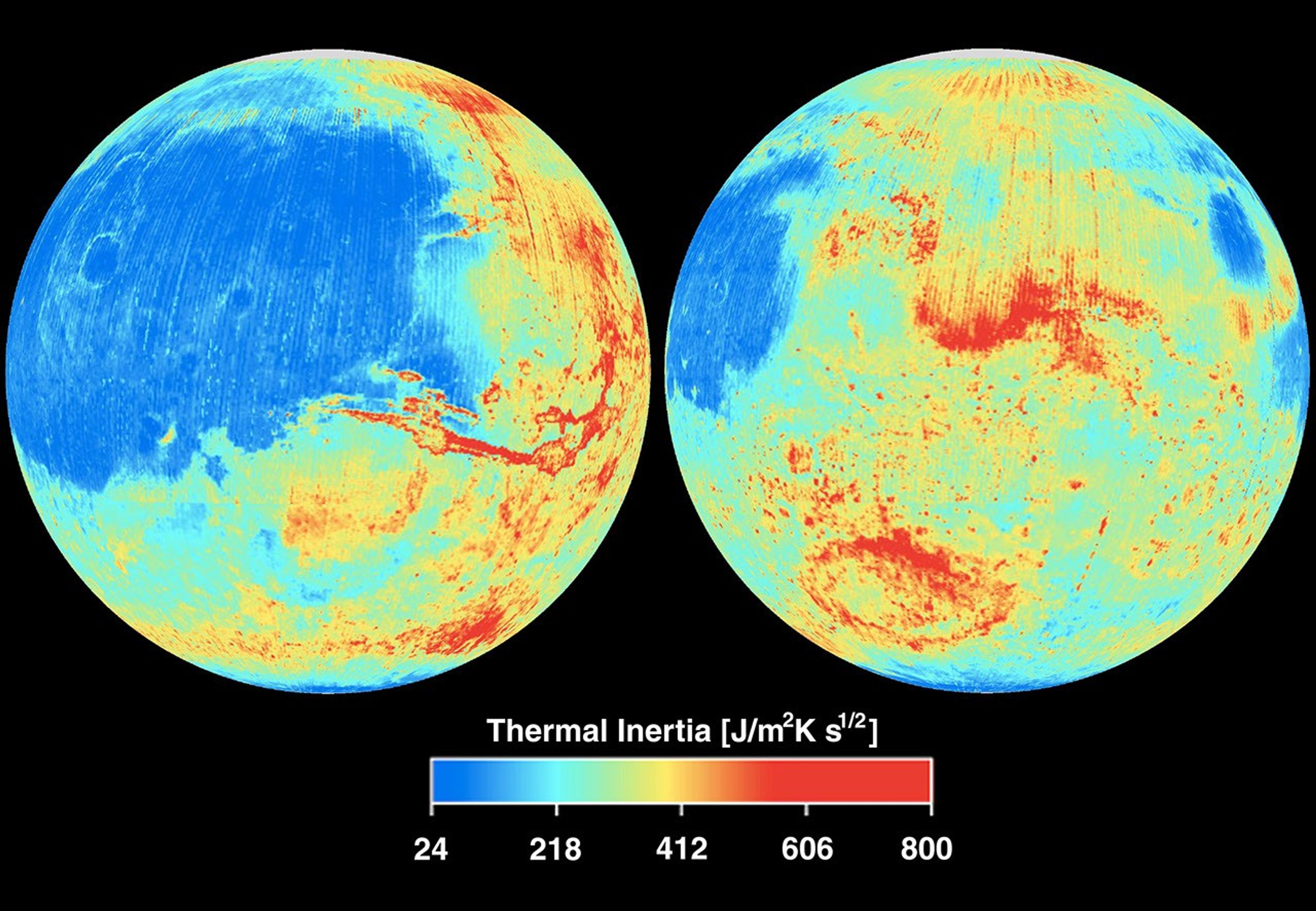 NASA's Mars Global Surveyor shows the global thermal inertia of the Martian surface as measured by the Thermal Emission Spectrometer instrument.