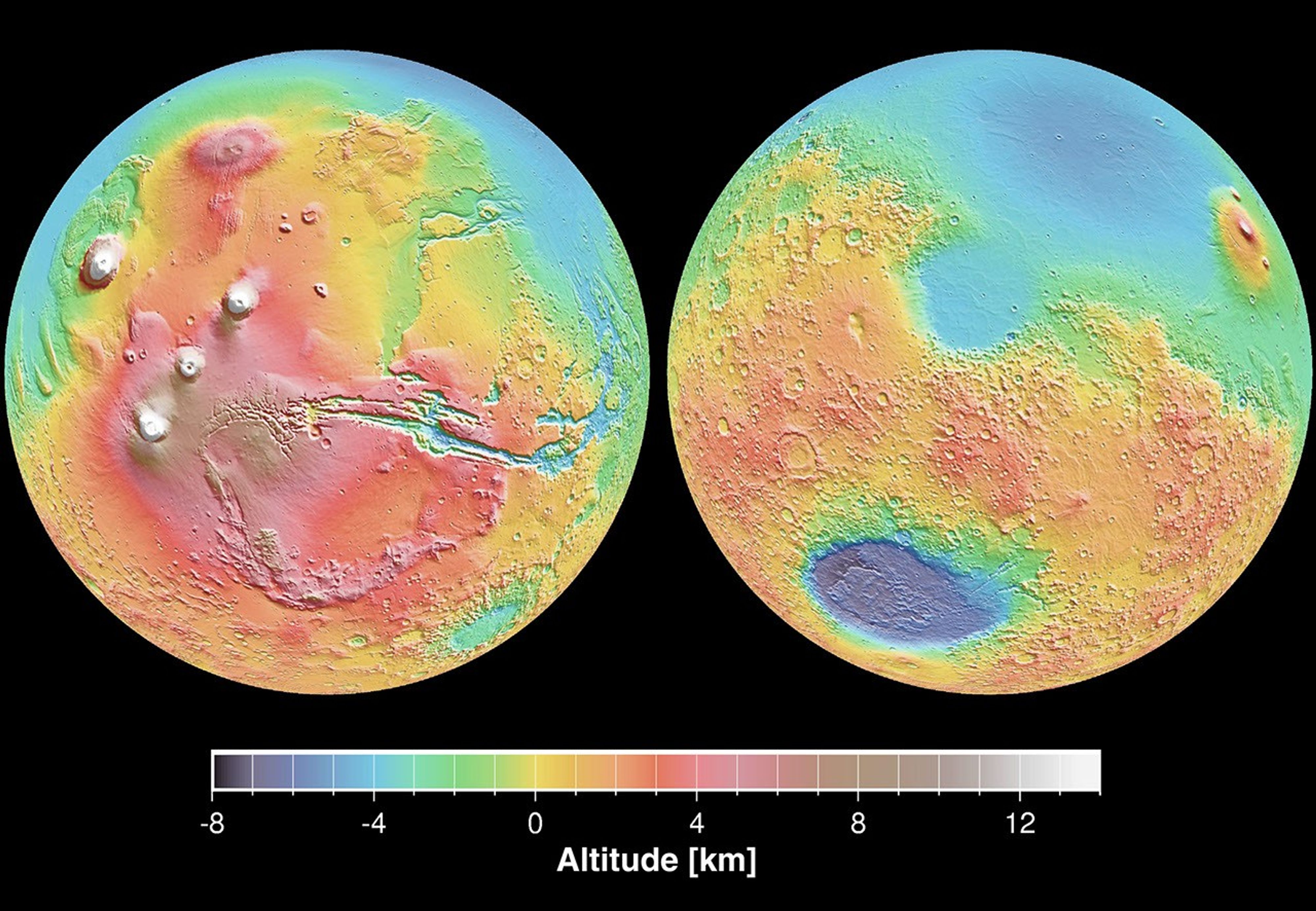 These maps are global false-color topographic views of Mars at different orientations from NASA's Mars Global Surveyor. The maps are orthographic projections that contain over 200,000,000 points and about 5,000,000 altimetric crossovers.