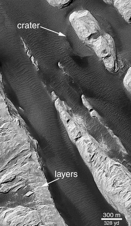 NASA's Mars Global Surveyor shows a ridged mound that was first seen and informally named 'White Rock' located in Pollack Crater on Mars.