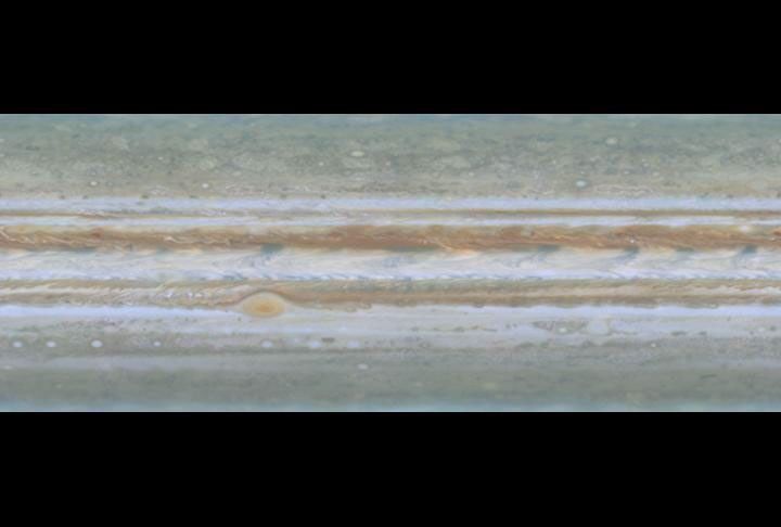 NASA's Cassini spacecraft took narrow-angle images of Jupiter's outer atmosphere, showing the giant planet as if it were constantly bathed in sunlight.