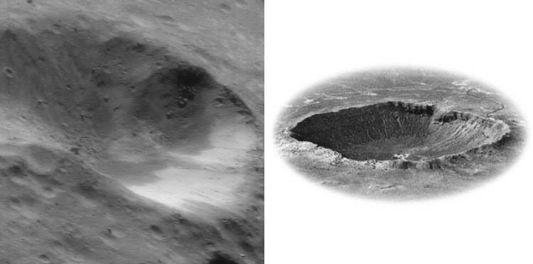 This image of asteroid Eros (at left), taken by NASA's NEAR Shoemaker on July 6, 2000, is displayed next to and at approximately the same scale as Meteor Crater, Arizona.
