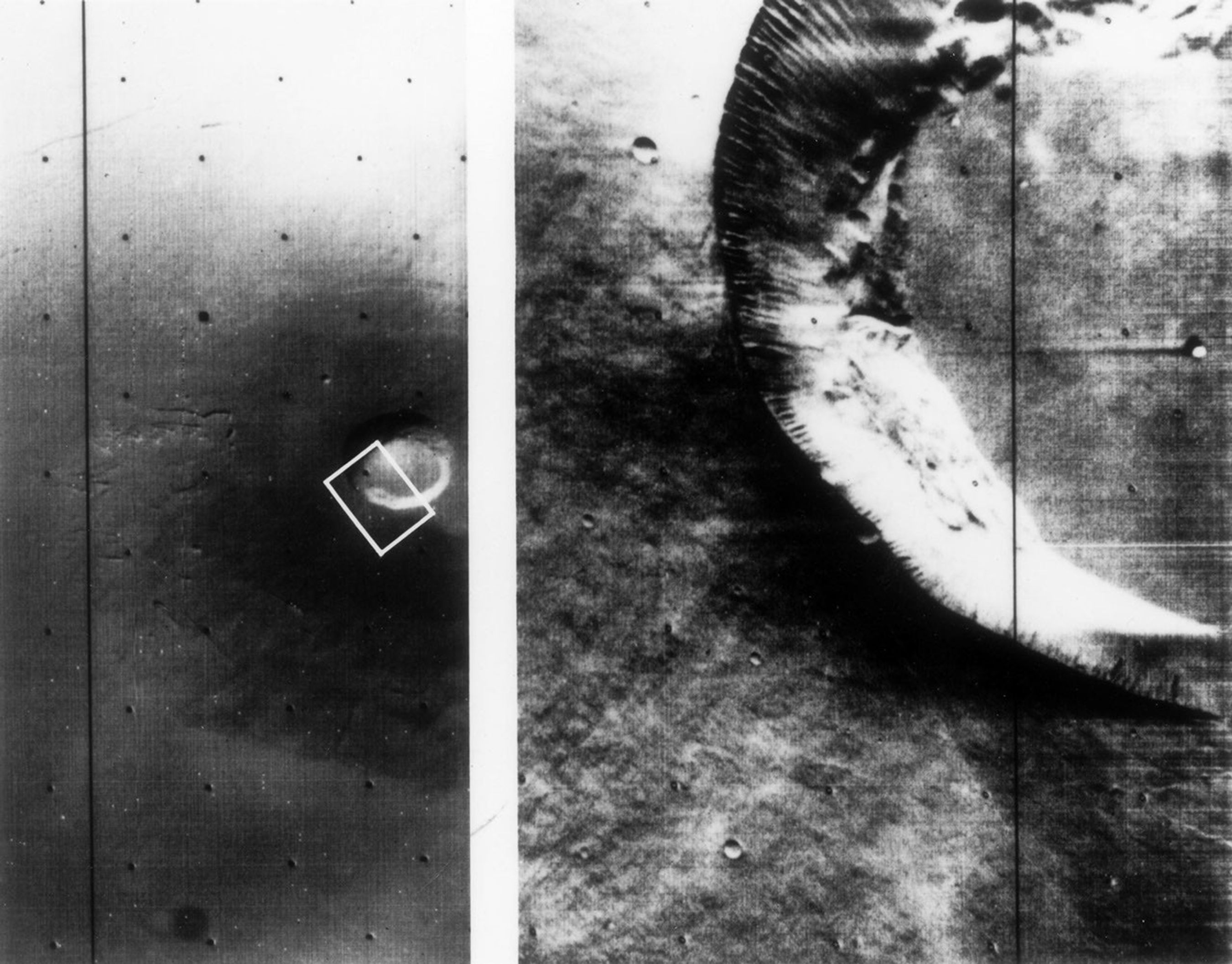 A Martian shield volcano, ~25 miles across at the crater, photographed consecutively by NASA's Mariner 9 with the wide-angle and telephoto lenses. The summit crater and groves down the flank were produced by subsidence flowing subsurface movement of magma