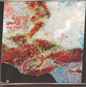 NASA's Landsat 1 was the first of what was to become a series of satellites designed to map and monitor the Earth's land surfaces. This view of Los Angeles and vicinity is a scene acquired by a single pass of Landsat 1 on 25 June 1974.