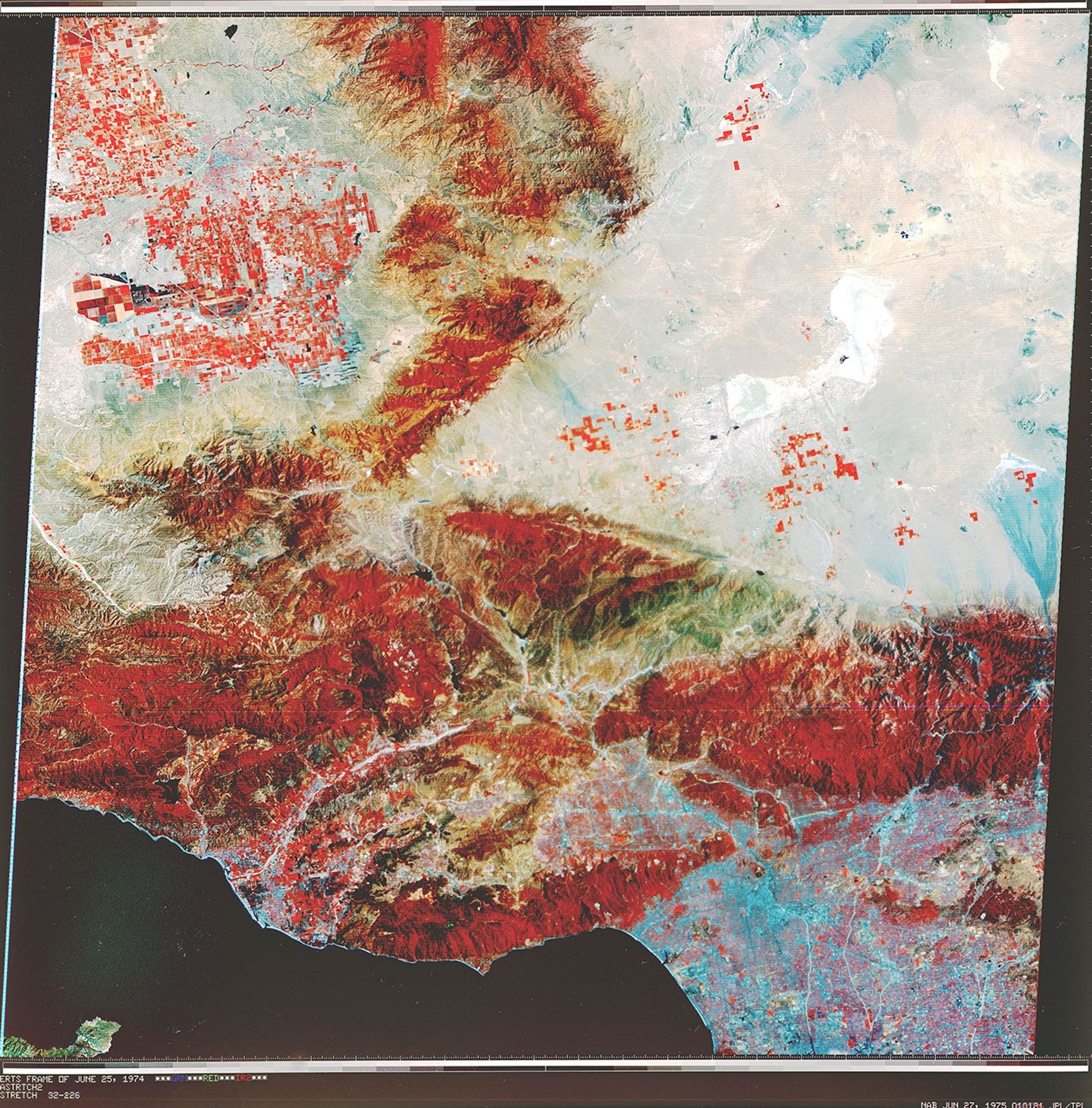 NASA's Landsat 1 was the first of what was to become a series of satellites designed to map and monitor the Earth's land surfaces. This view of Los Angeles and vicinity is a scene acquired by a single pass of Landsat 1 on 25 June 1974.