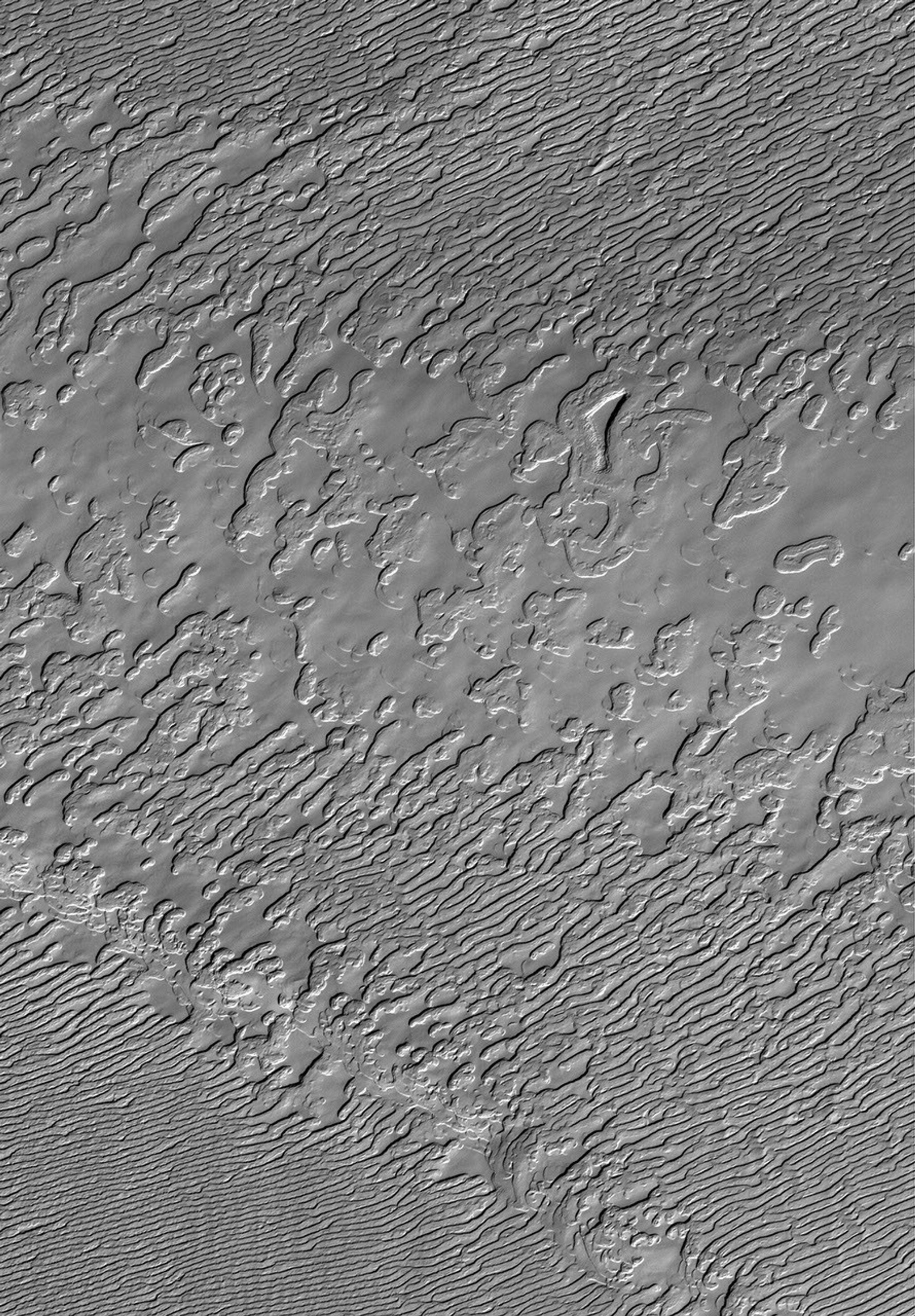 NASA's Mars Global Surveyor shows a view of frozen carbon dioxide in the south polar residual cap of Mars. Much of the south polar residual cap exhibits terrain that resembles stacks of sliced Swiss cheese.
