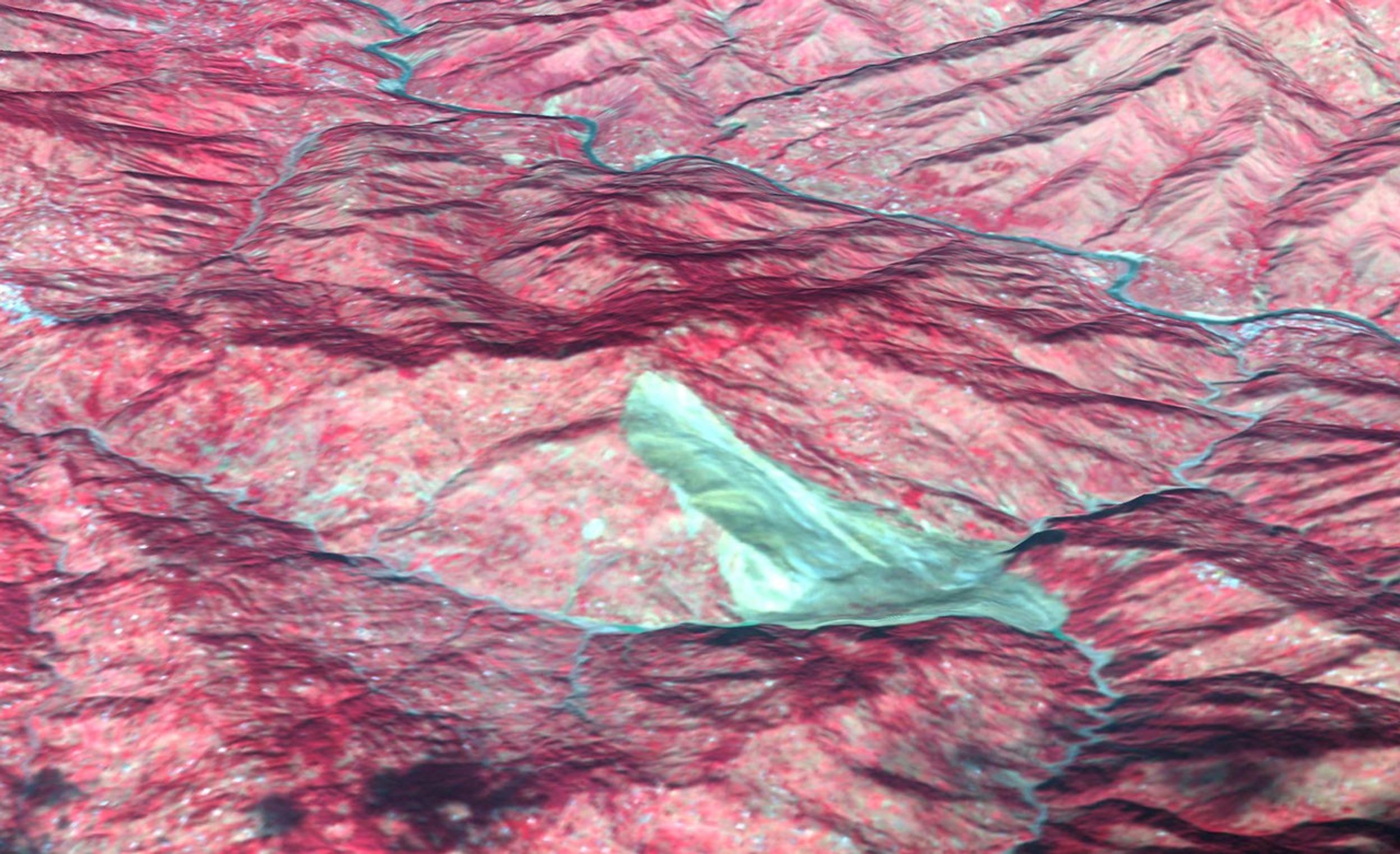 This 3D image was acquired by NASA's Terra spacecraft on October 11, 2005 with digital topography from the Shuttle Radar Topography Mission. It depicts a large landslide which occurred in Kashmir, Pakistan.