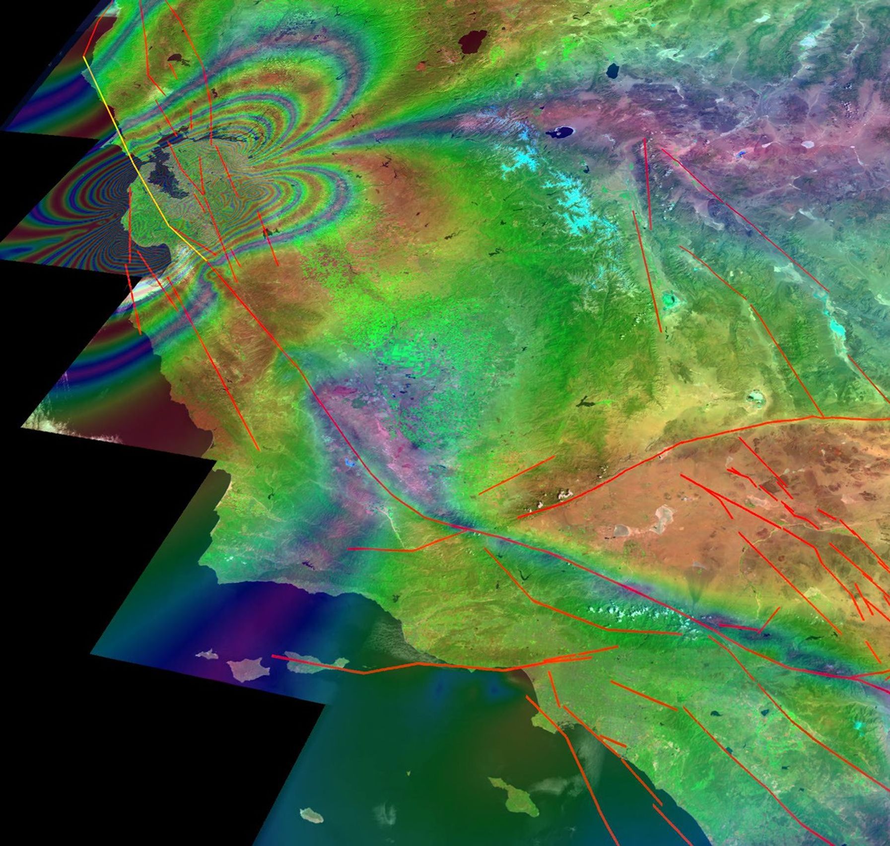 This illustration depicts synthetic aperature radar patterns of seismic deformations associated with a model earthquake on the San Francisco section of the San Andreas Fault (depicted in yellow).