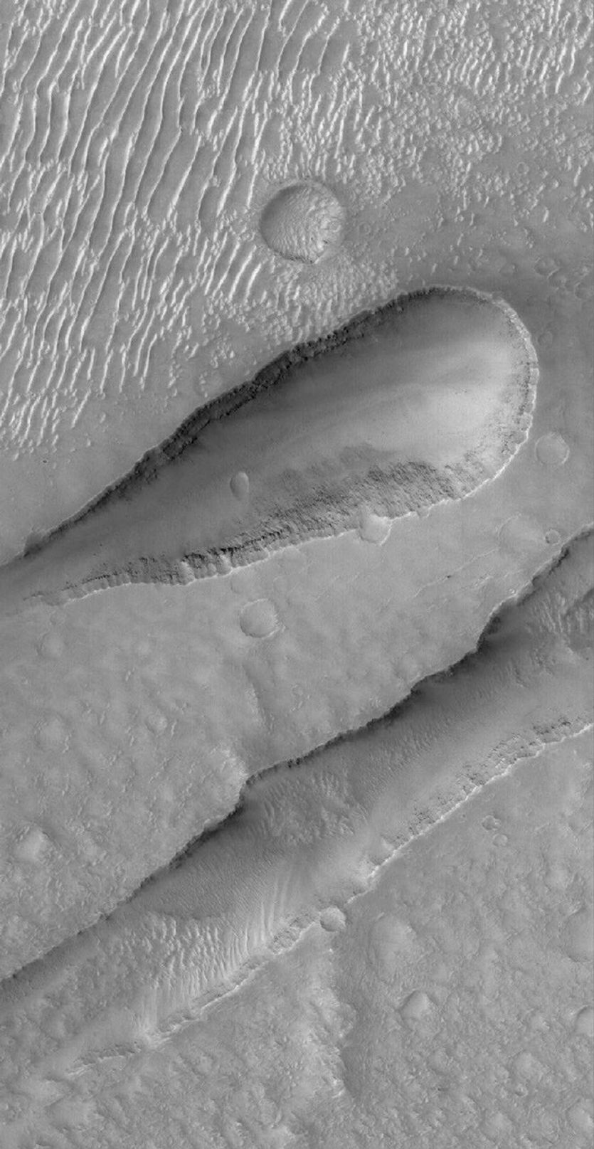 NASA's Mars Global Surveyor shows two troughs/depressions formed along the trend of the Sirenum Fossae, a suite of very extensive troughs formed by faults that are radial to the giant Tharsis Bulge on Mars.