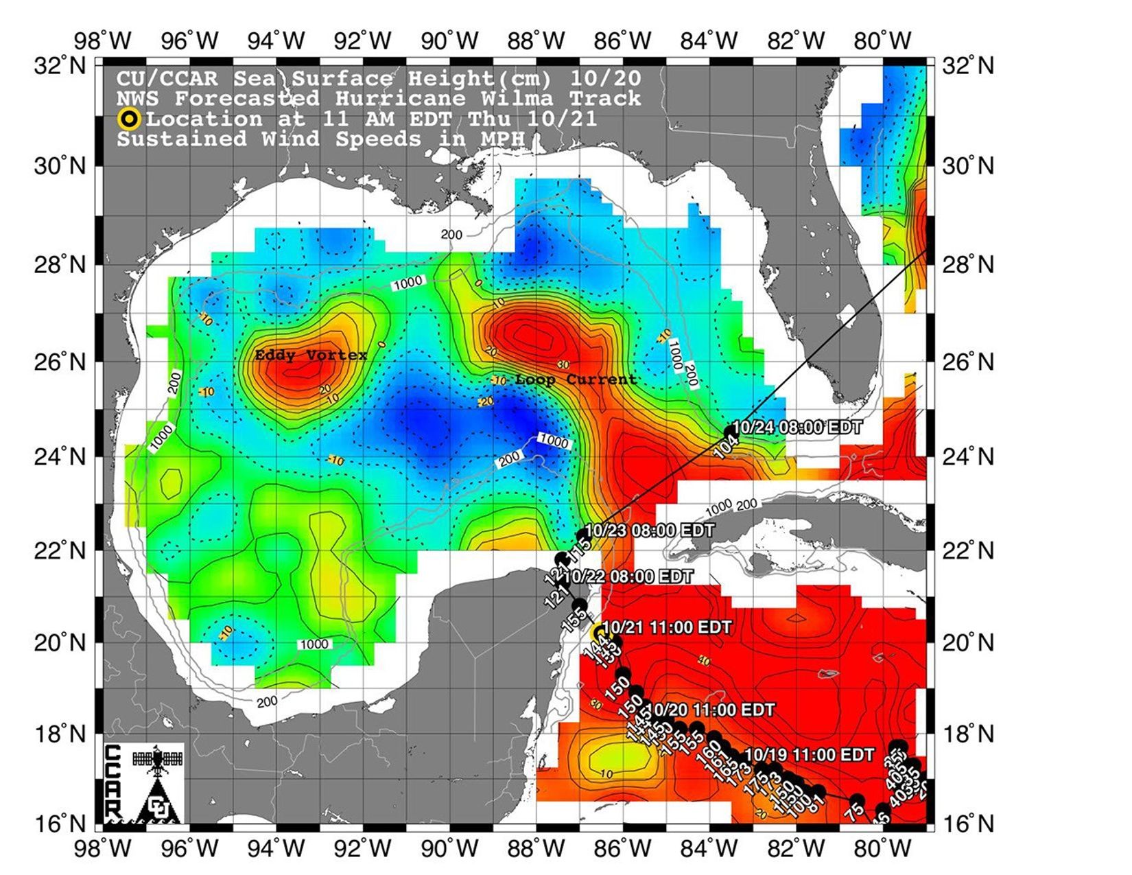 This sea surface height map of the Gulf of Mexico and the northwestern Caribbean Sea, with the Florida peninsula on the upper right, is based on altimeter data from three satellites including NASA's Jason-1.