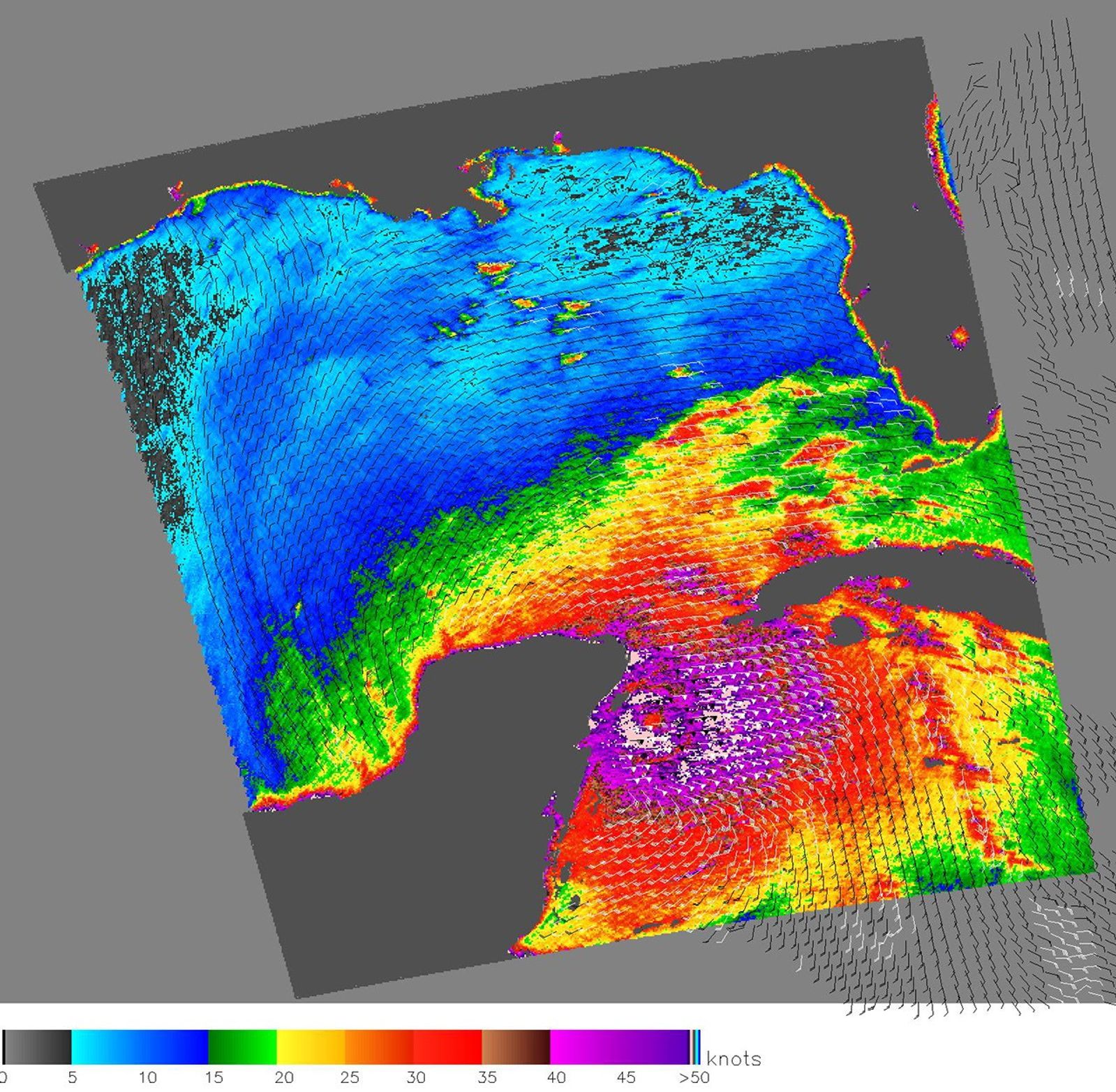 The eye of Hurricane Wilma, a menacing Category 4 storm, approaches the northeastern tip of Mexico's Yucatan Peninsula in this October 21, 2005, image from NASA's QuikScat satellite, depicting relative wind speeds and direction.