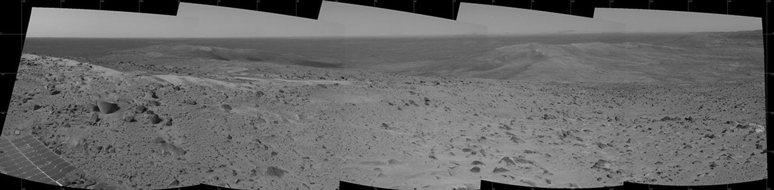 This view from NASA's Mars Exploration Rover Spirit taken on Oct 16, 2005 shows where the rover explored Gusev Crater on Mars.