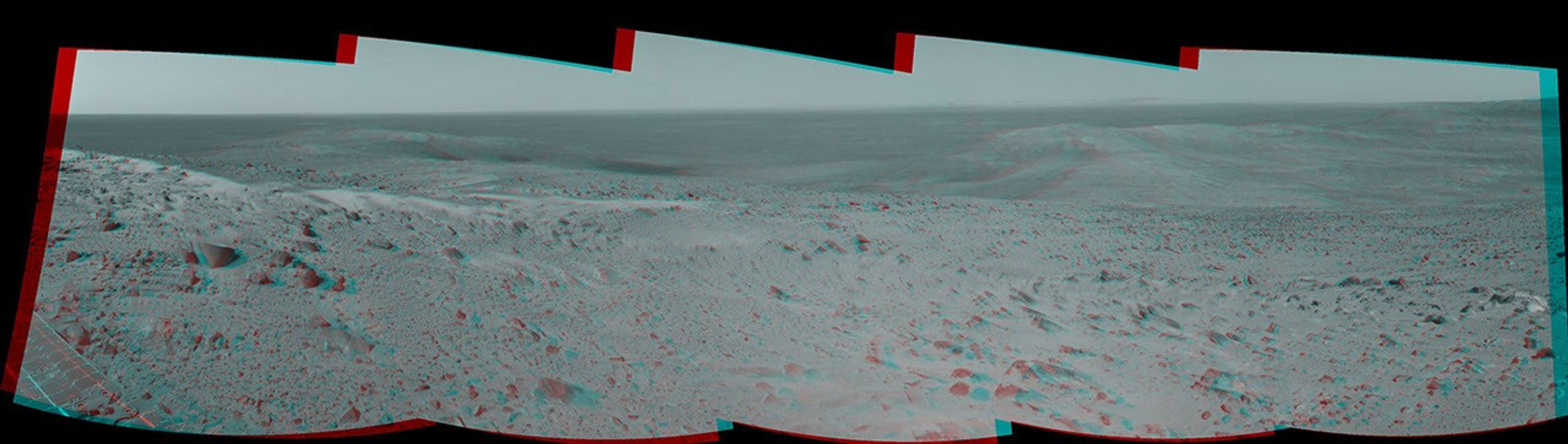 This anaglyph from NASA's Mars Exploration Rover Spirit taken on Oct 16, 2005 shows where the rover explored Gusev Crater on Mars.