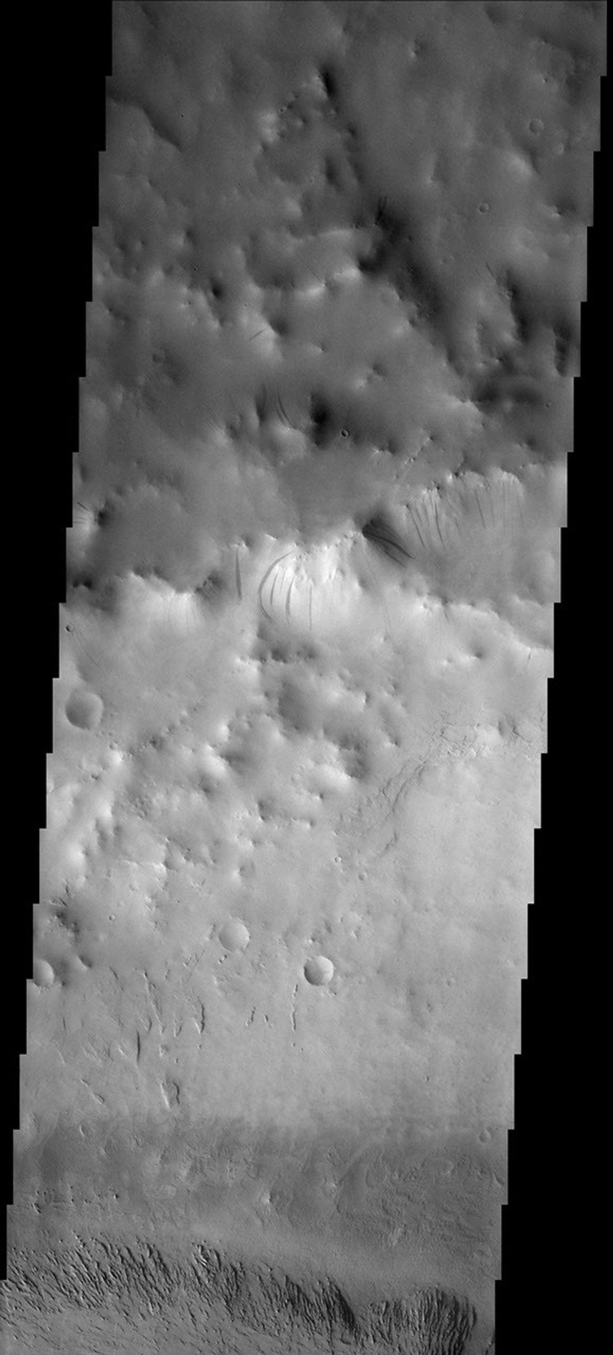NASA's 2001 Mars Odyssey spacecraft shows that the dust avalanches found on this crater rim have exposed darker rocky material on an otherwise dust coated slope. This unnamed crater is located east of Schiaparelli Crater on Mars.