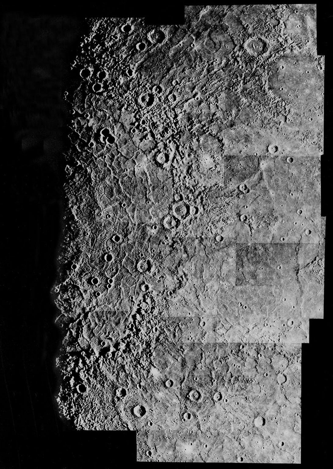 This computer photomosaic is of the Caloris Basin, the largest basin on Mercury. NASA's Mariner 10 spacecraft imaged the region during its initial flyby of the planet after its launch in 1974.