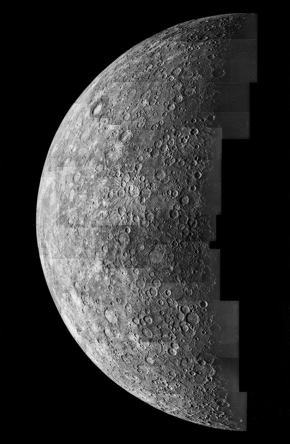 This computer generated photomosaic from NASA's Mariner 10 is of the southern half of Mercury's Shakespeare Quadrangle, named for the ancient Shakespeare crater located on the upper edge to the left of center.