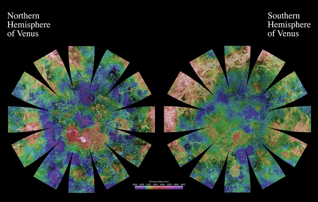 The images used for the base of this globe show the northern and southern hemispheres of Venus as revealed by more than a decade of radar investigations culminating in the 1990-1994 NASA Magellan mission.