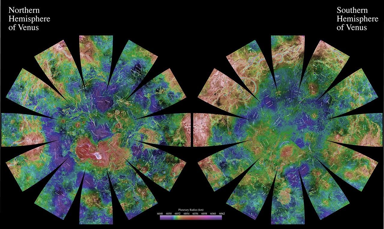 The images used for the base of this globe show the northern and southern hemispheres of Venus as revealed by more than a decade of radar investigations culminating in the 1990-1994 NASA Magellan mission.