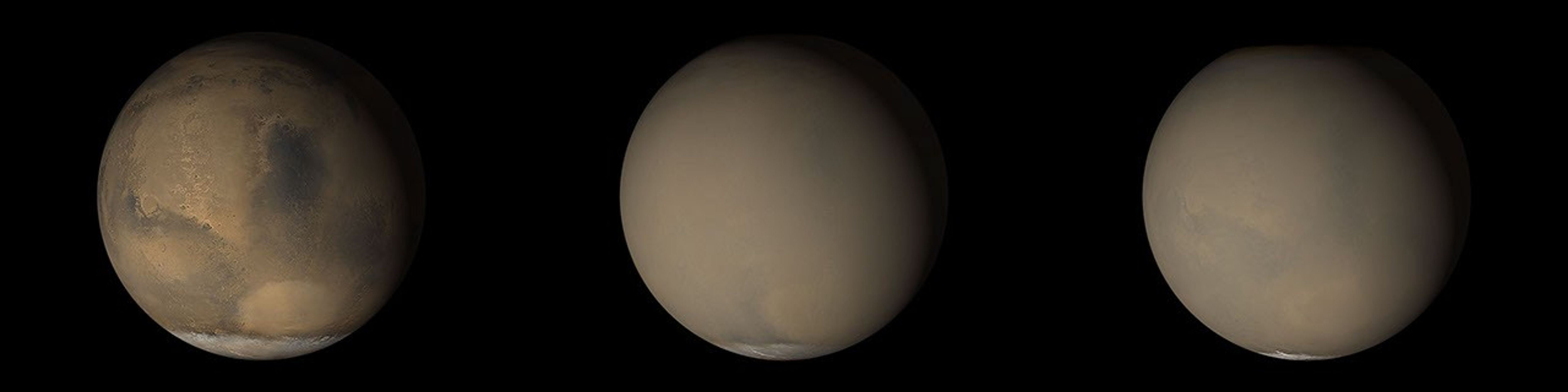 NASA's Mars Global Surveyor shows that although dust storms occur year-round on Mars, they often occur in greater numbers during certain seasons.