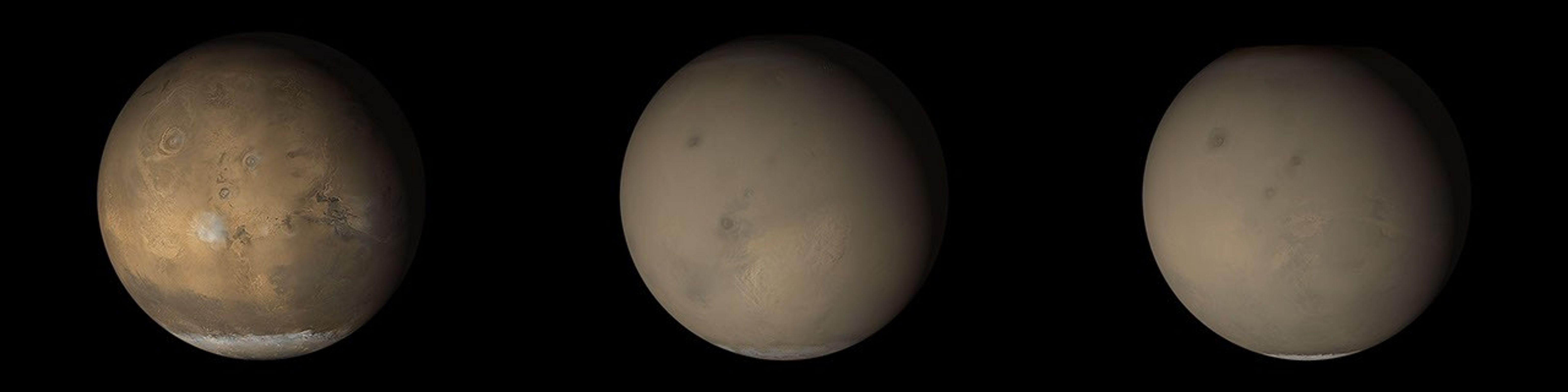 NASA's Mars Global Surveyor shows a general pattern of regional storm centers beneath an ever-spreading veil of stratospheric dust over the Daedalia/Claritas/Syria regions on Mars.