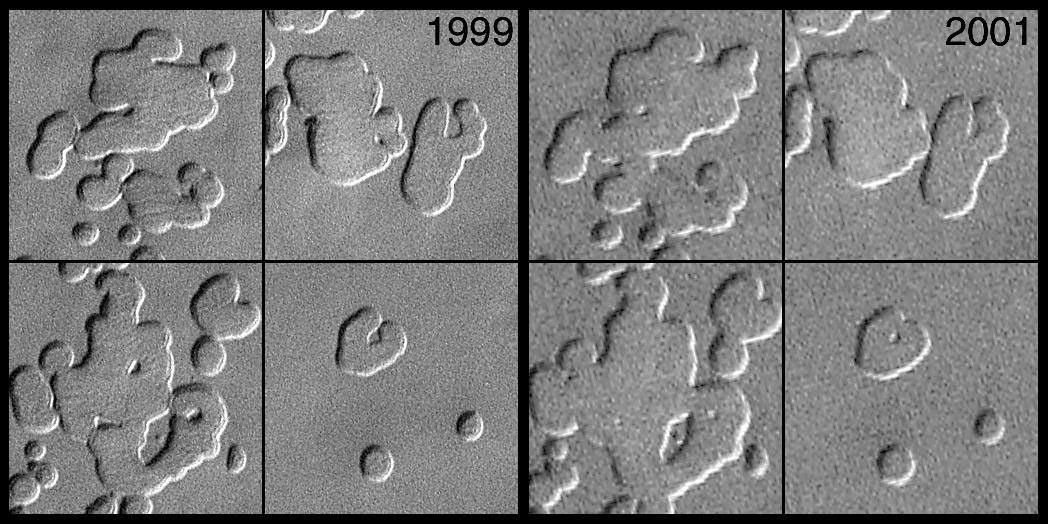 NASA's Mars Global Surveyor shows four pictures of pits formed in frozen carbon dioxide in Mars' polar cap.