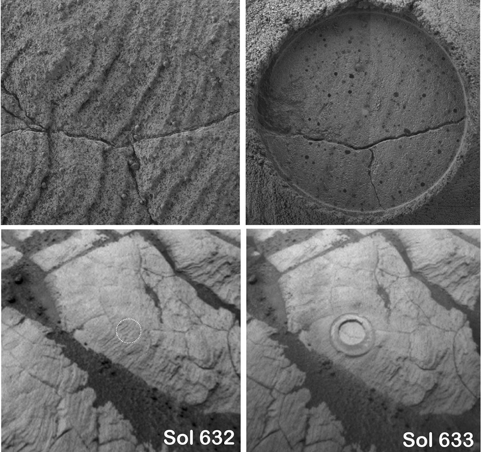 These four images were taken by NASA's Mars Exploration Rover Opportunity on Nov. 3 and 4, 2005, before and after using the rock abrasion tool on sol 633 to grind into a rock target dubbed 'Kalavrita.'