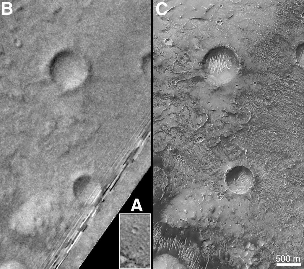 The outlines of NASA's Mariner 9, Viking, and Mars Global Surveyor images are shown are shown in this image from MGS's wide angle context image. In the right figure, sections of each of the three images showing the crater Airy-0 are presented.