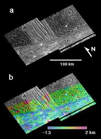 Terrain units and topography of the area where a bright swath called Erech Sulcus intersects northern Sippar Sulcus on Jupiter's moon Ganymede are shown in these frames taken from images of Jupiter's moon Ganymede by NASA's Galileo and Voyager spacecraft.