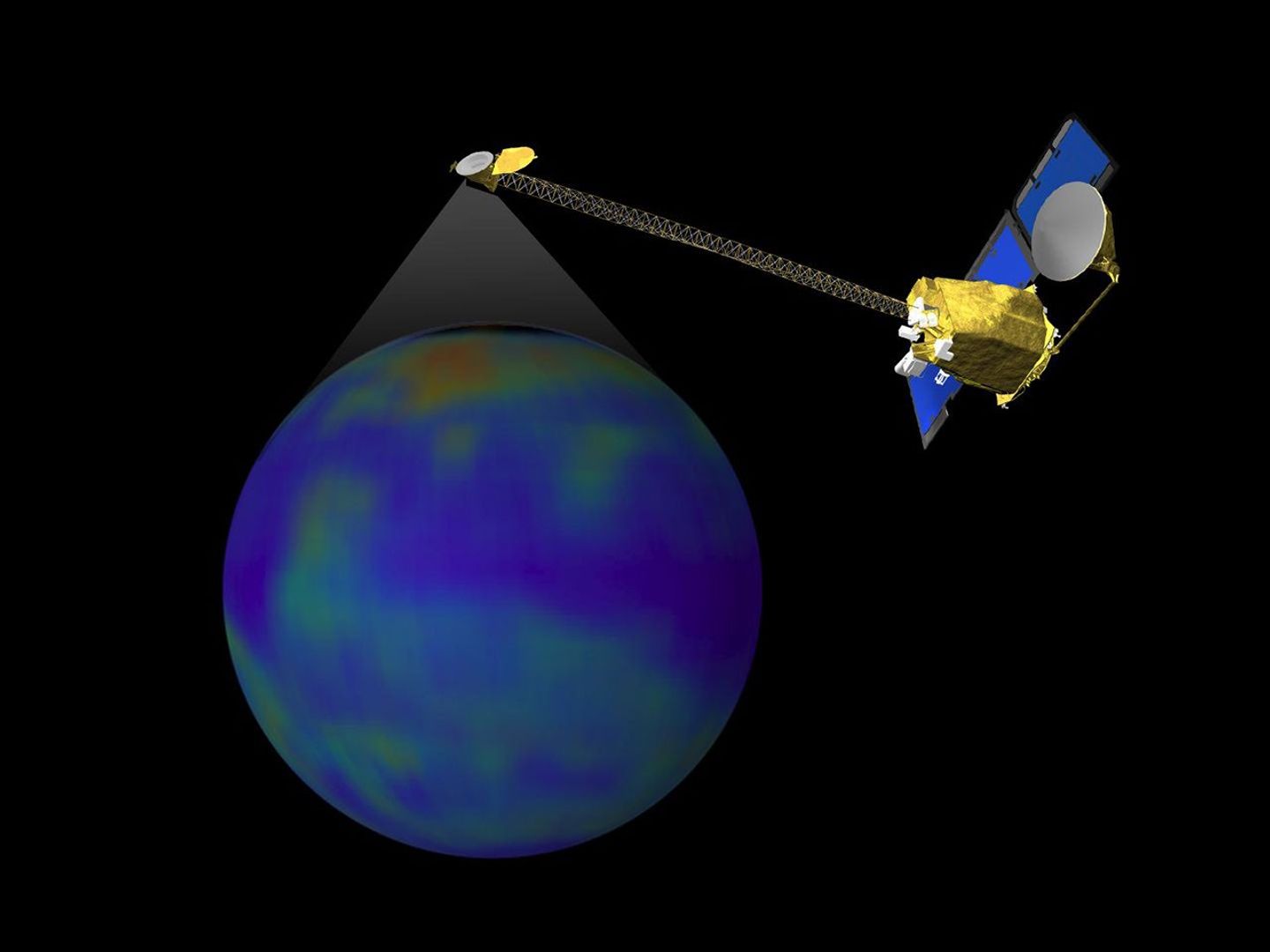 This image is a single frame from a computer animation, which begins with a view of Mars created with images from NASA's Mars Odyssey spacecraft in which color is used to emphasize the Martian topographic, andesite, and basalt compositional differences.