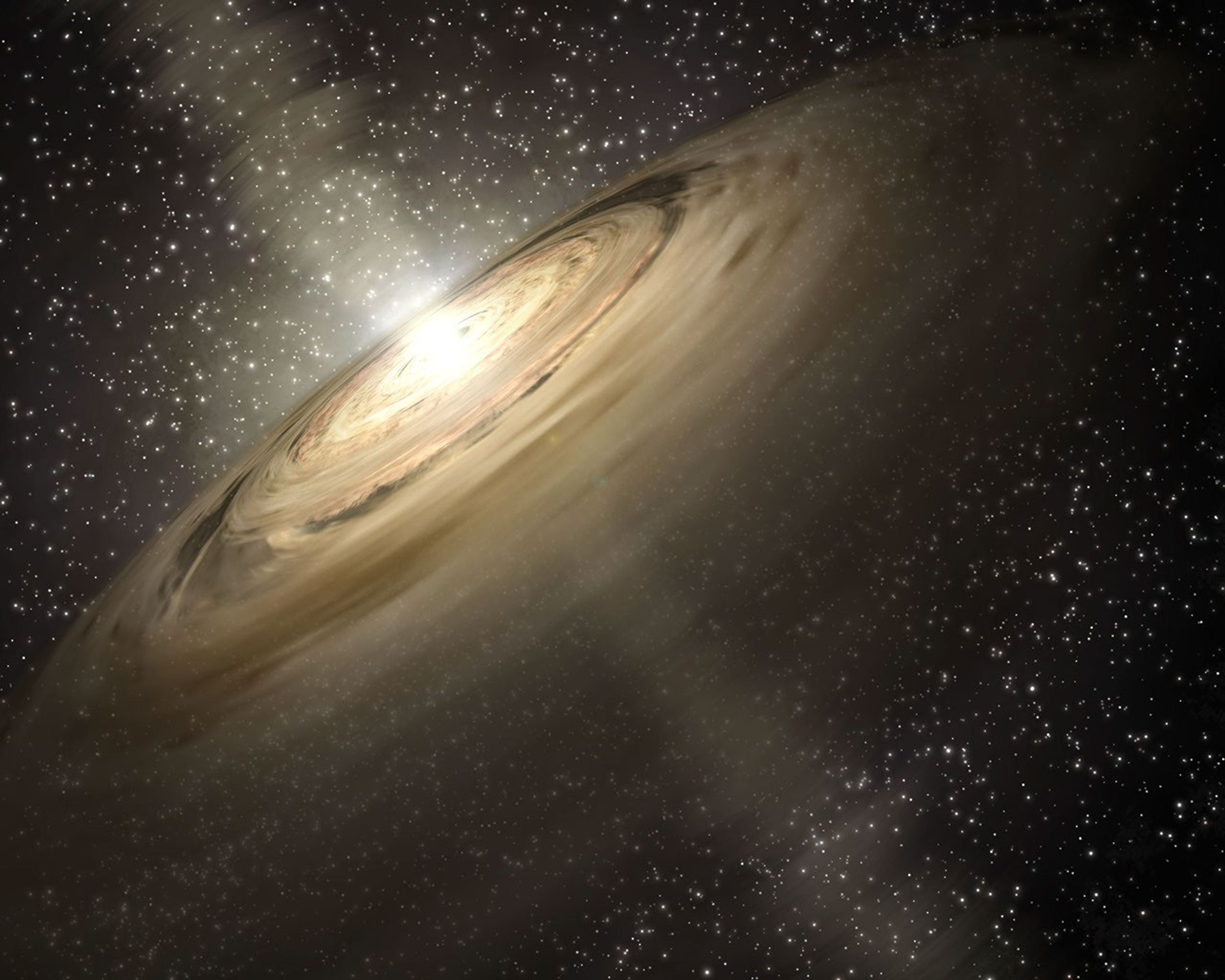 This artist's concept illustrates a solar system that is a much younger version of our own. Dusty disks, like the one shown here circling the star, are thought to be the breeding grounds of planets, including rocky ones like Earth.
