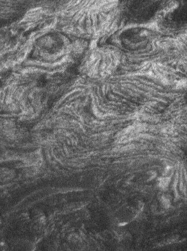 NASA's Mars Global Surveyor shows eroded, light-toned layered rock outcrops on the side of a large mound in Ganges Chasma, part of the vast Valles Marineris trough system on Mars.