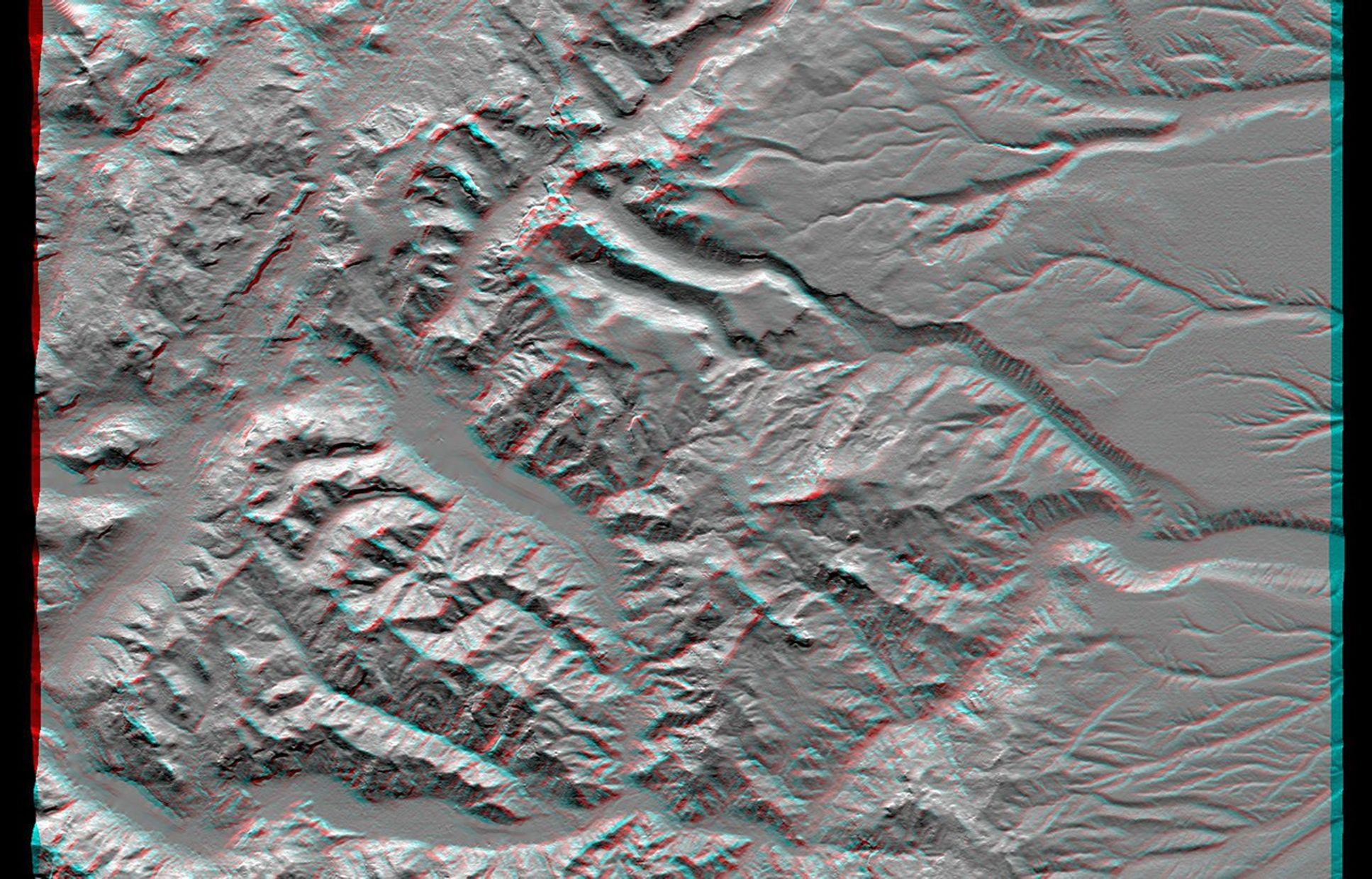 This anaglyph, from the instrument onboard NASA's Shuttle Radar Topography Mission, shows an area south of San Martin de Los Andes, Argentina. 3D glasses are necessary to view this image.