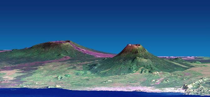 The Nyiragongo volcano in the Congo erupted on January 17, 2002, and subsequently sent streams of lava into the city of Goma on the north shore of Lake Kivu. This image is from NASA's Shuttle Radar Topography Mission.