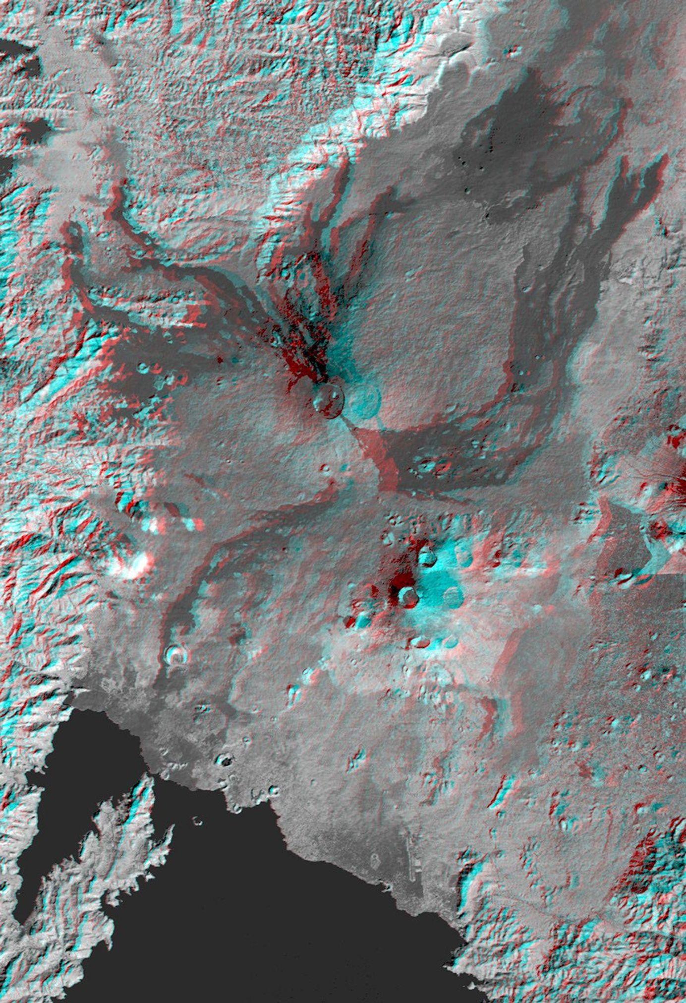 This anaglyph, from NASA's Shuttle Radar Topography Mission, is of the Nyiragongo volcano in the Congo. 3D glasses are necessary to view this image.